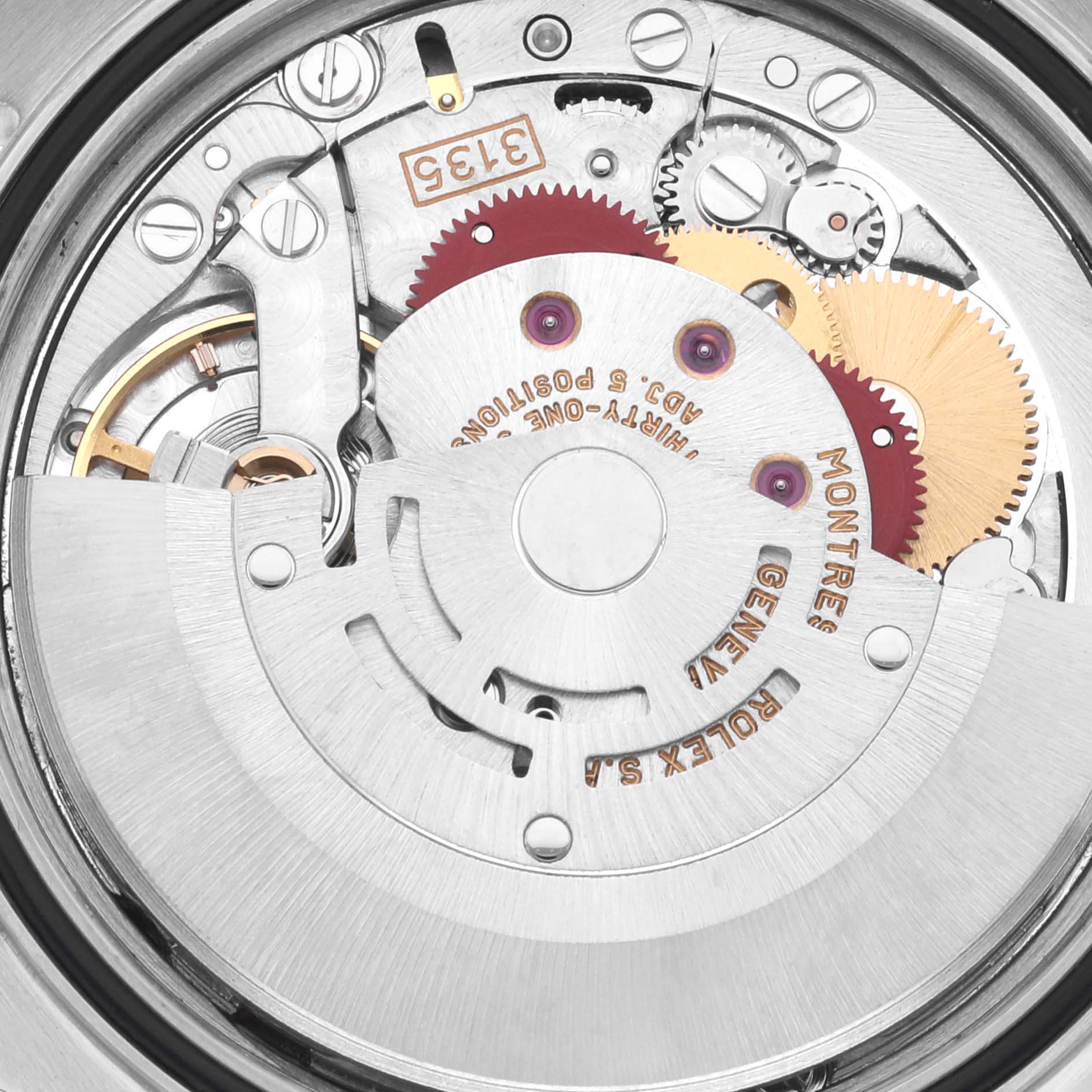 The image shows the detailed internal mechanism of a Rolex Datejust 16233 Men's Steel and Gold (two tone) Champagne Dial 16233 Men's Steel and Gold (two tone) Champagne Dial watch, highlighting gears and components.