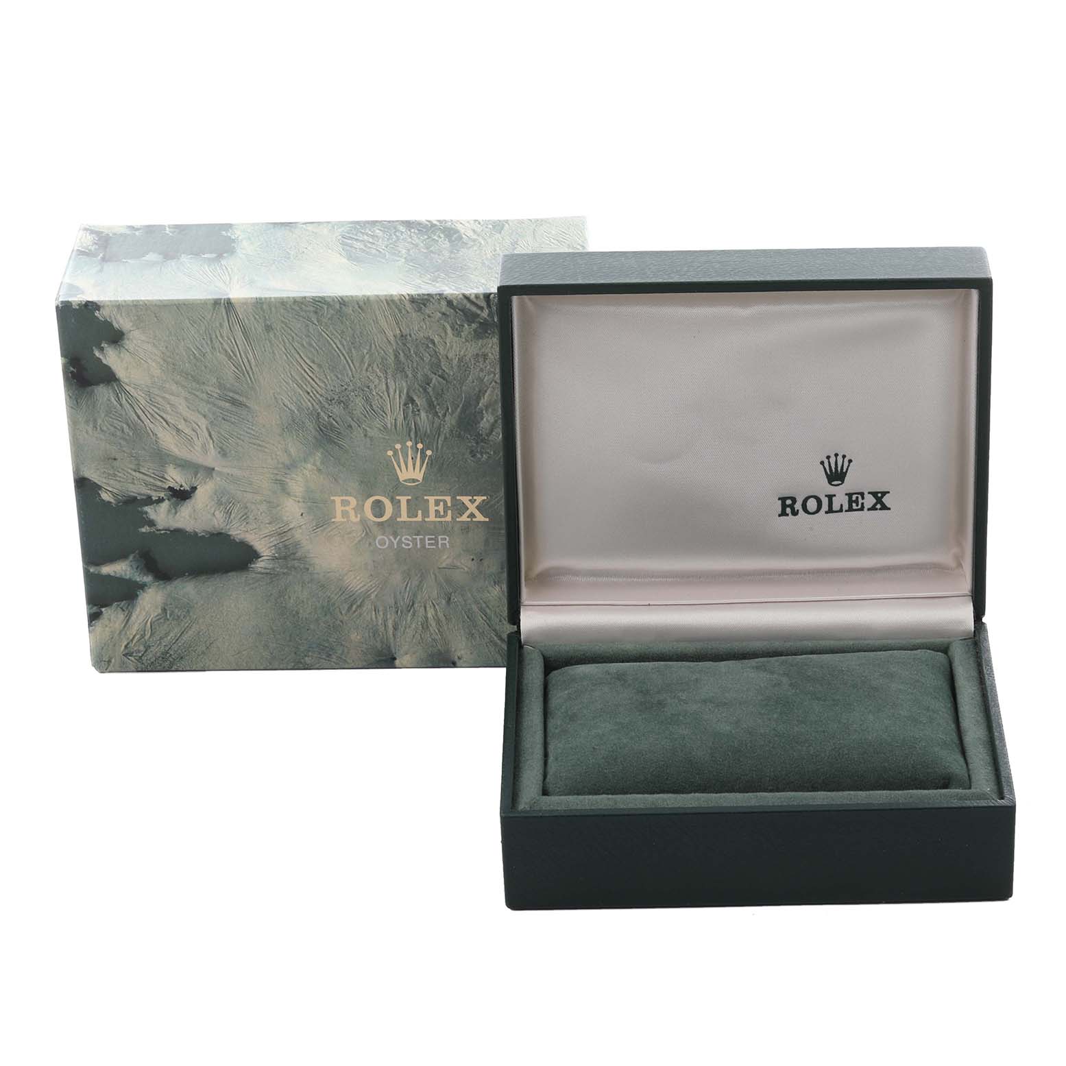 The image shows a Rolex Datejust 16233 Men's Steel and Gold (two tone) Champagne Dial 16233 Men's Steel and Gold (two tone) Champagne Dial watch box with the lid open, revealing a cushion inside.