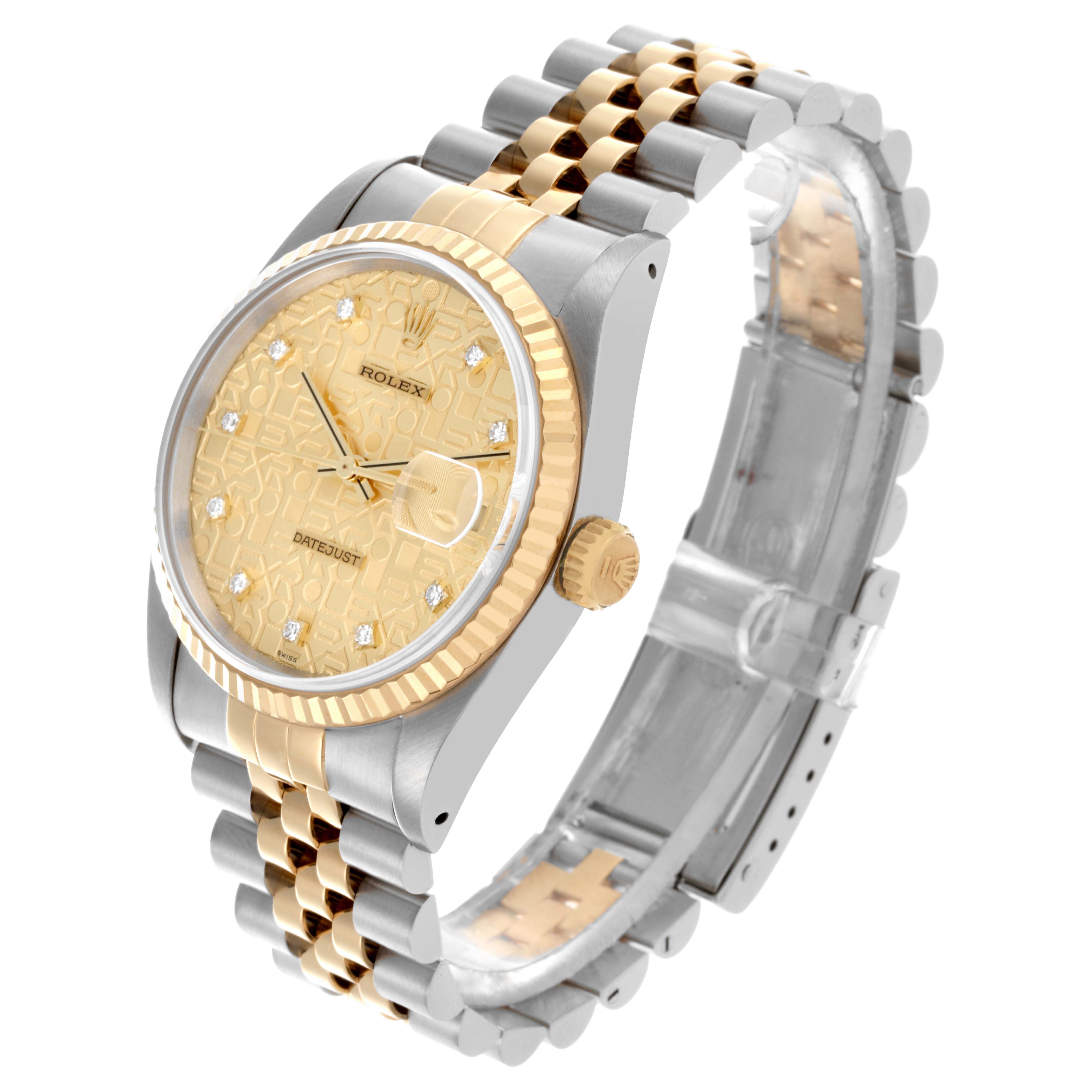 The Rolex Datejust 16233 Men's Steel and Gold (two tone) Champagne Dial 16233 Men's Steel and Gold (two tone) Champagne Dial watch is shown at an angle highlighting the dial, case, crown, and bracelet.