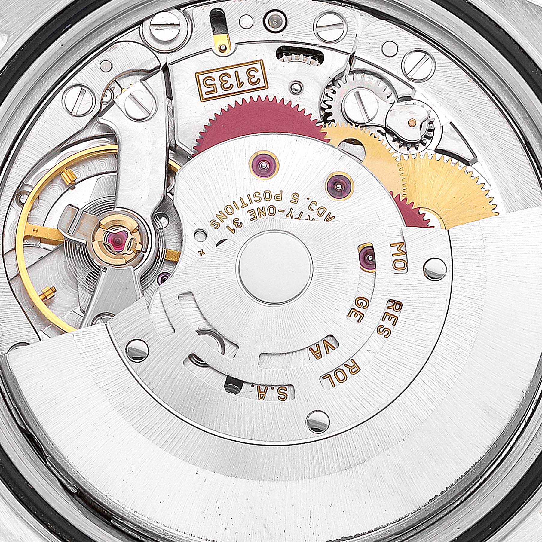 This image shows the internal mechanism and rotor of a Rolex Datejust 16233 Men's Steel and Gold (two tone) Champagne Dial 16233 Men's Steel and Gold (two tone) Champagne Dial watch, viewed from the back.