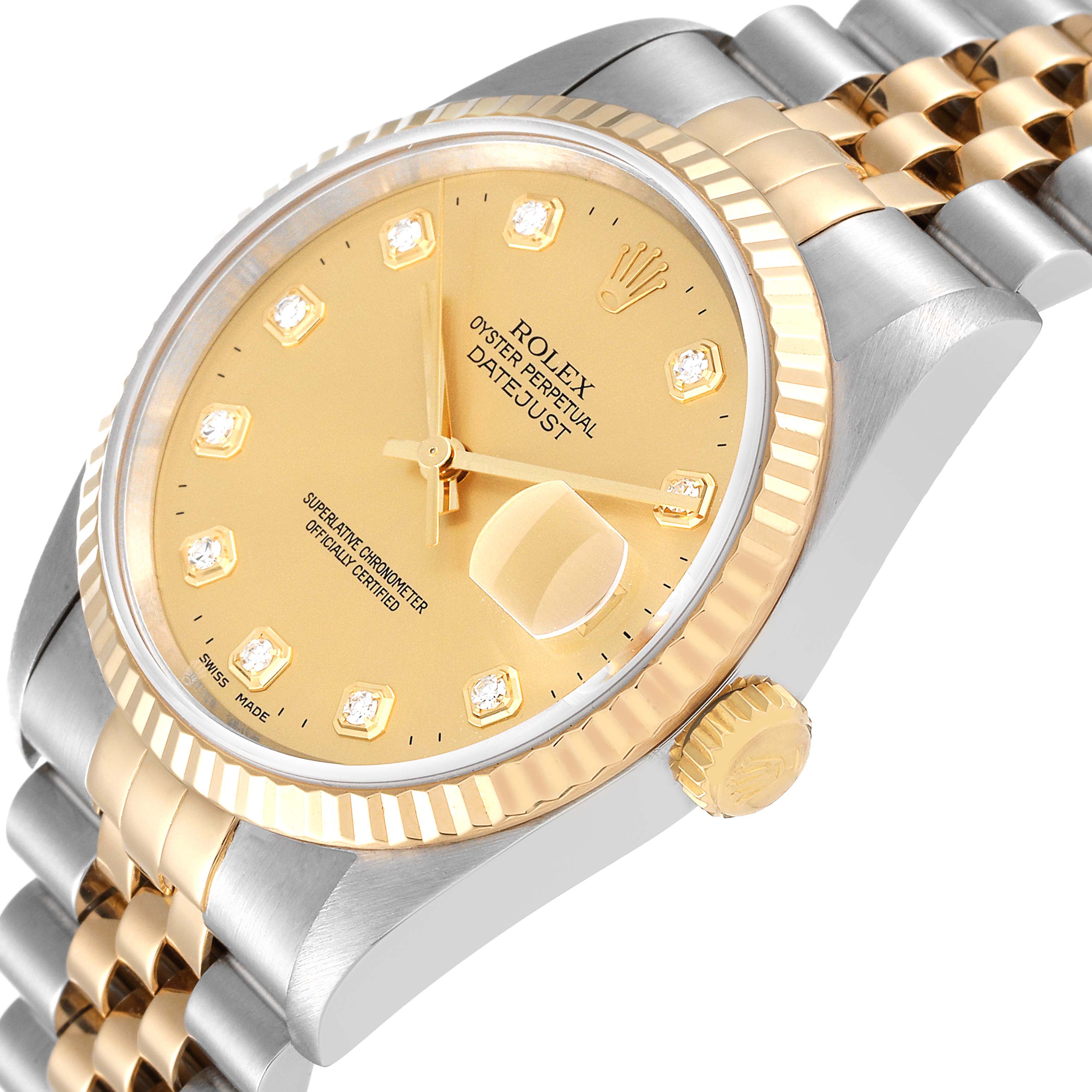 The image shows a close-up, angled view of the Rolex Datejust 16233 Men's Steel and Gold (two tone) Champagne Dial 16233 Men's Steel and Gold (two tone) Champagne Dial watch, highlighting the dial, bezel, crown, and part of the bracelet.