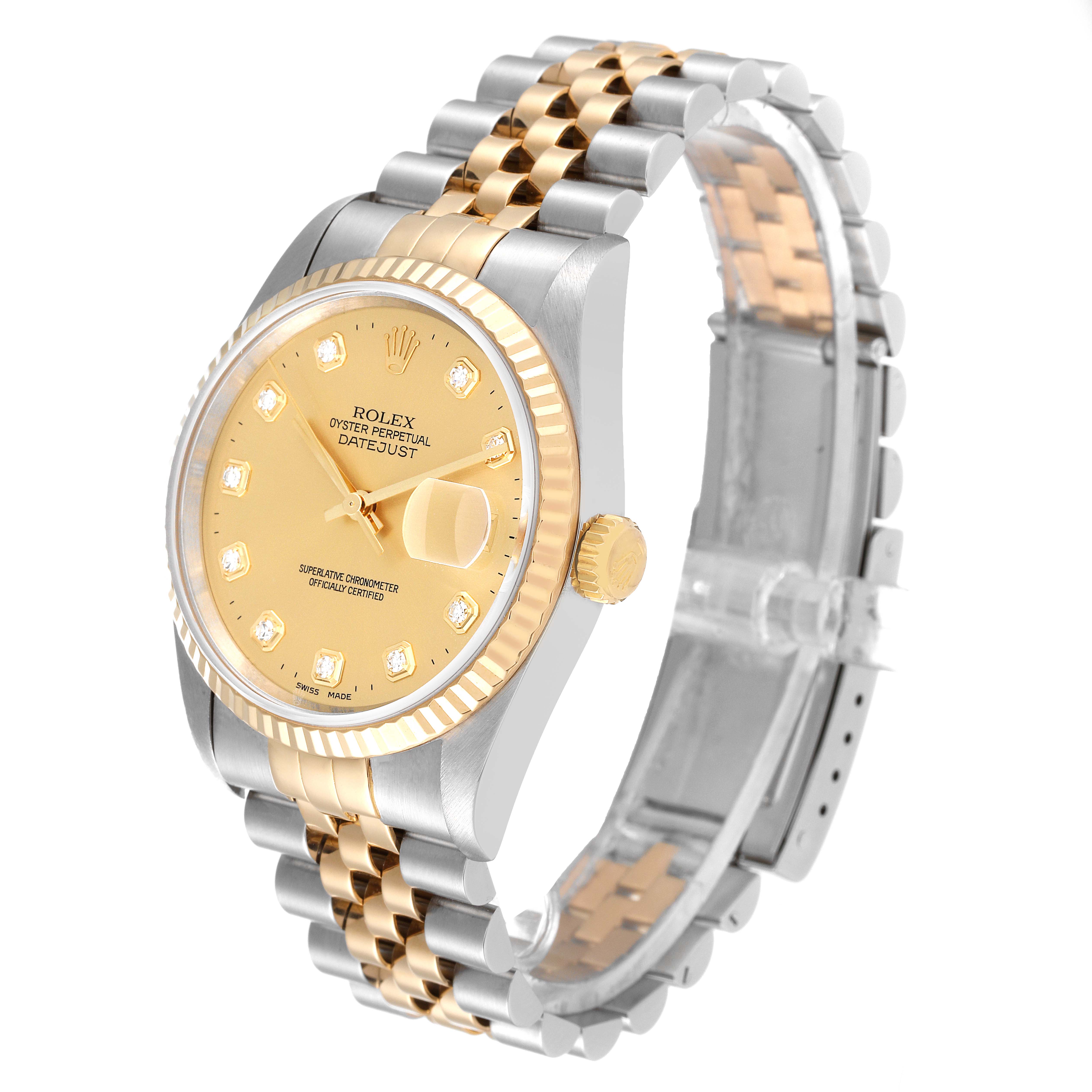 This image shows a Rolex Datejust 16233 Men's Steel and Gold (two tone) Champagne Dial 16233 Men's Steel and Gold (two tone) Champagne Dial watch at a three-quarter angle, highlighting its two-tone bracelet, dial, and fluted bezel.