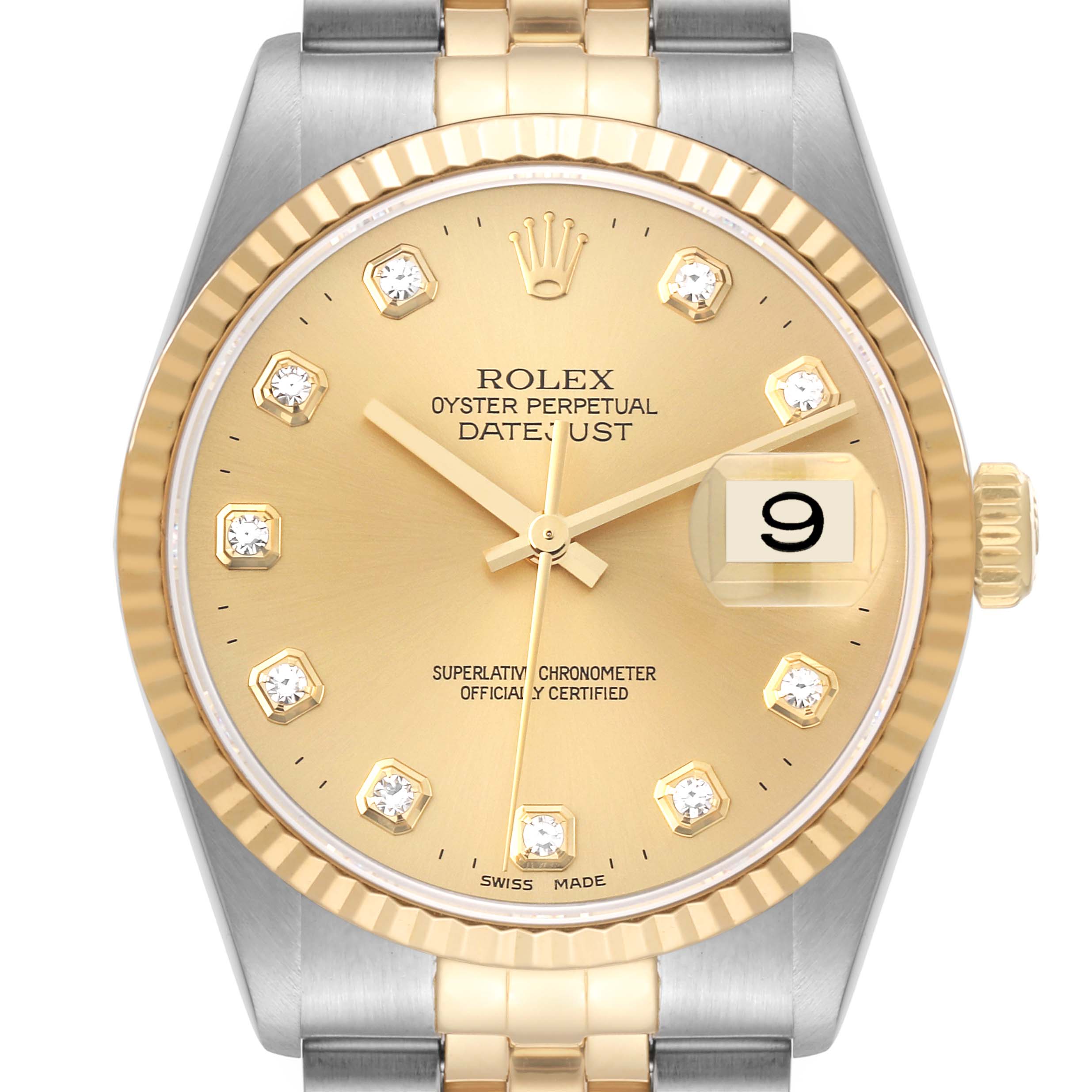 The image shows a Rolex Datejust 16233 Men's Steel and Gold (two tone) Champagne Dial 16233 Men's Steel and Gold (two tone) Champagne Dial watch viewed from the front, highlighting its gold dial, date display, and two-tone bracelet.