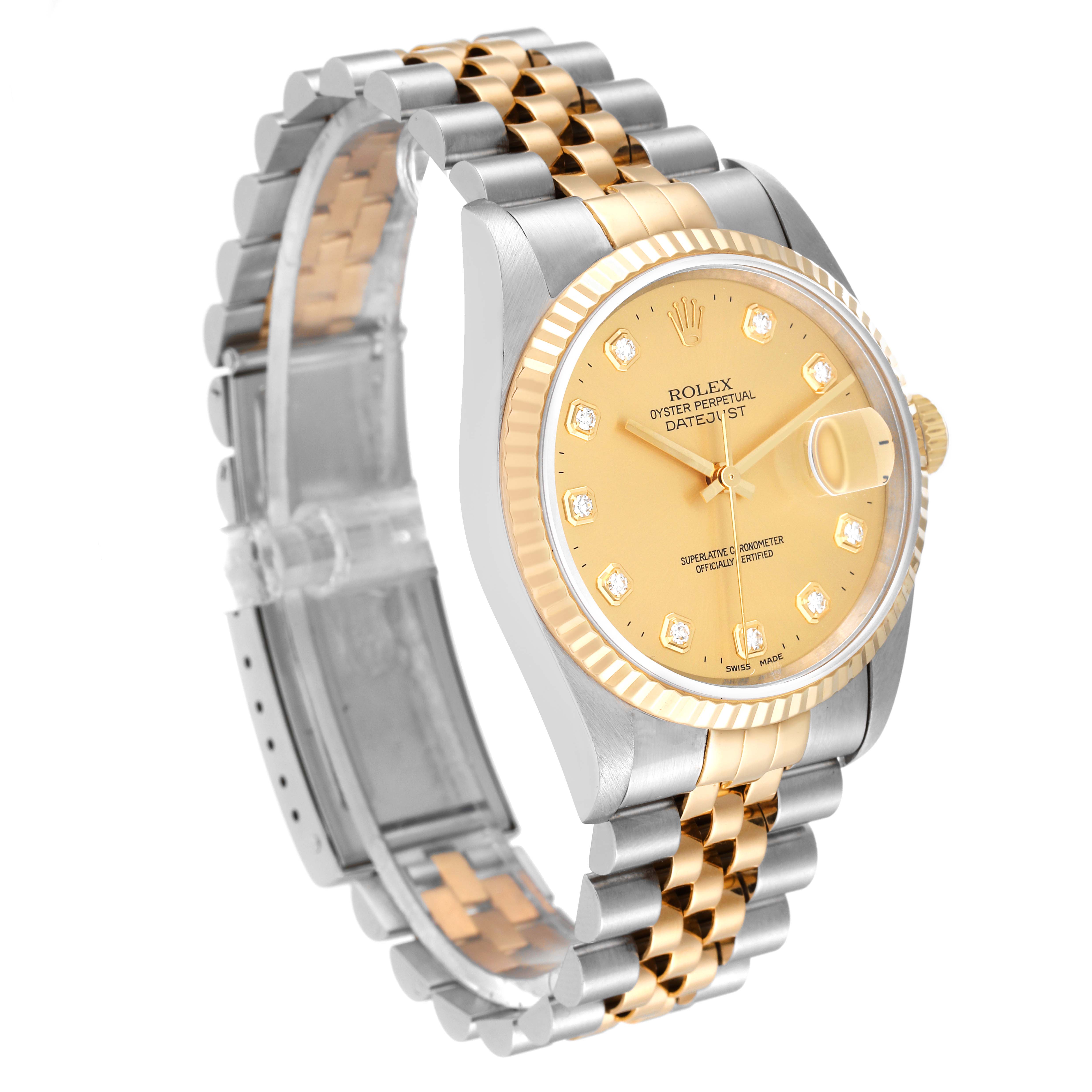 The Rolex Datejust 16233 Men's Steel and Gold (two tone) Champagne Dial 16233 Men's Steel and Gold (two tone) Champagne Dial watch is shown at a front-left angle, highlighting its gold dial, fluted bezel, and two-tone Jubilee bracelet.