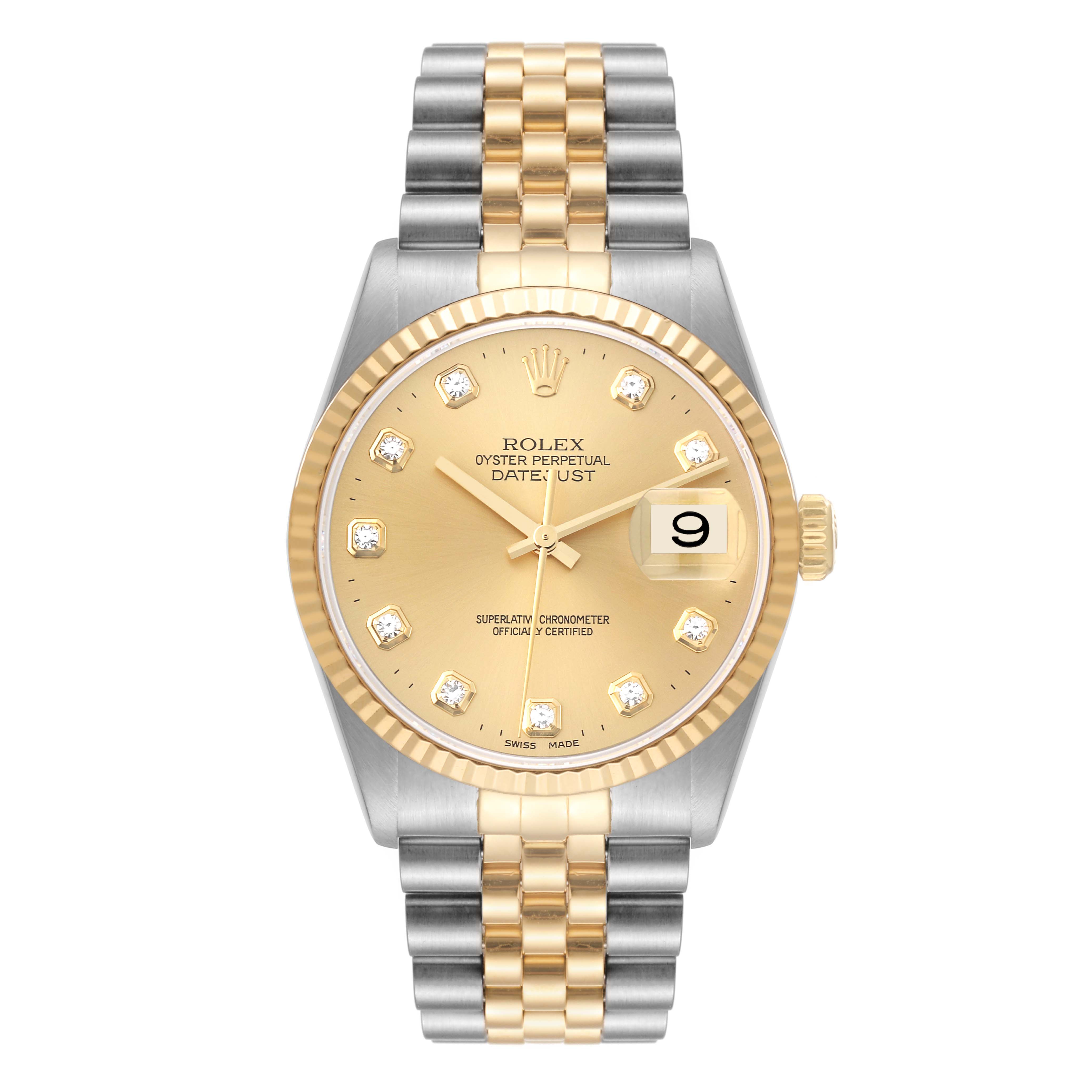 The image shows a front view of a Rolex Datejust 16233 Men's Steel and Gold (two tone) Champagne Dial 16233 Men's Steel and Gold (two tone) Champagne Dial watch with a two-tone bracelet and a gold dial.