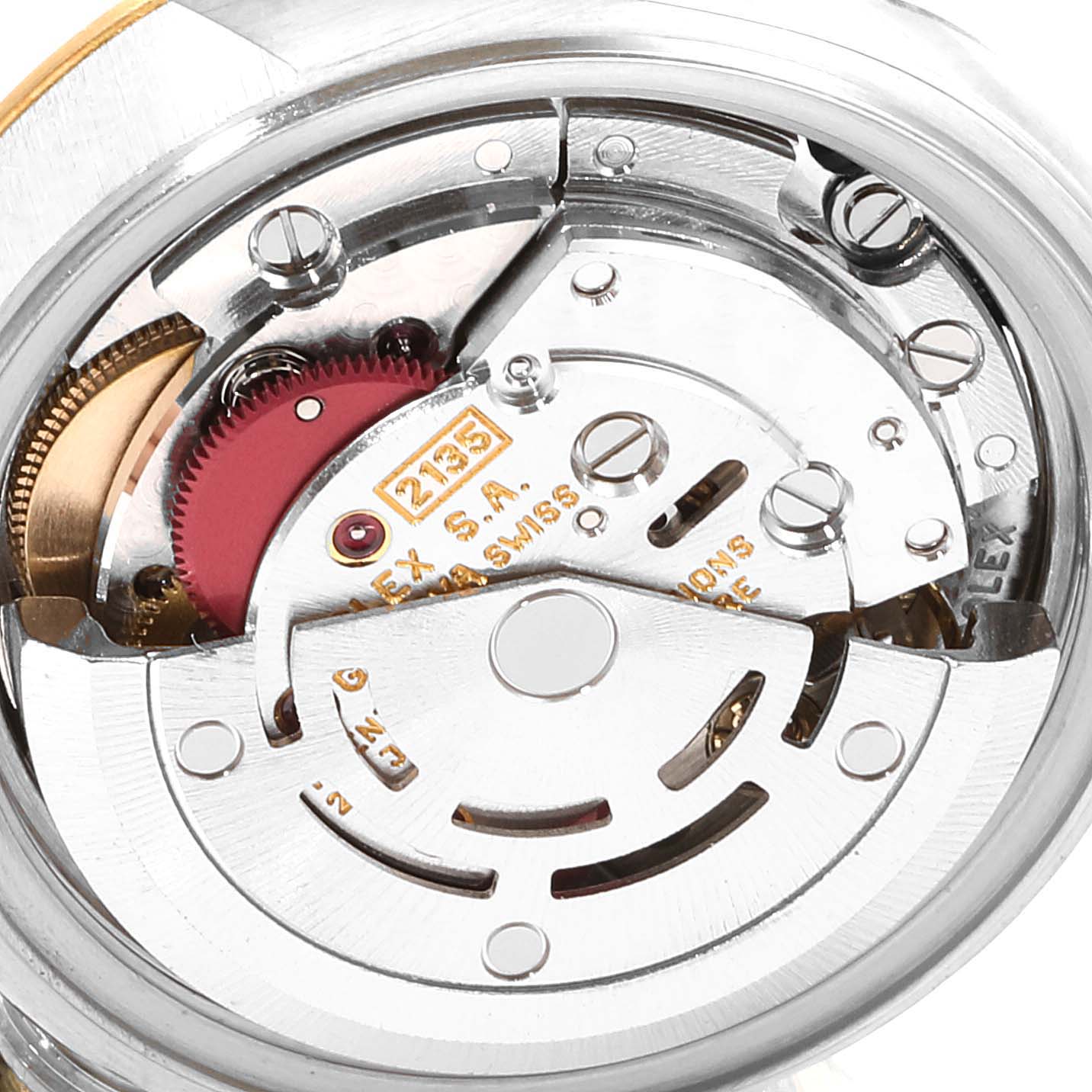 This image shows the internal movement and mechanisms of a Rolex Datejust 69173 Women's Steel and Gold (two tone) Champagne Dial 69173 Women's Steel and Gold (two tone) Champagne Dial watch from an angled top view.