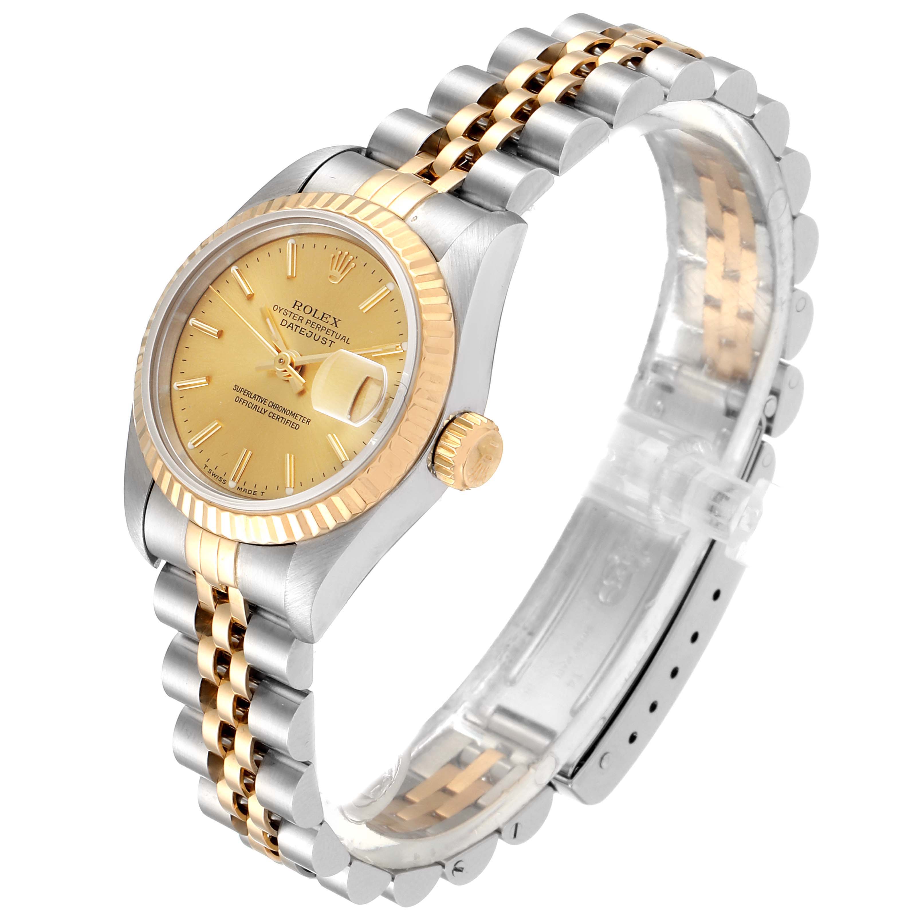 This image shows a Rolex Datejust 69173 Women's Steel and Gold (two tone) Champagne Dial 69173 Women's Steel and Gold (two tone) Champagne Dial watch at a three-quarter angle, highlighting the dial, bezel, crown, and two-tone jubilee bracelet.
