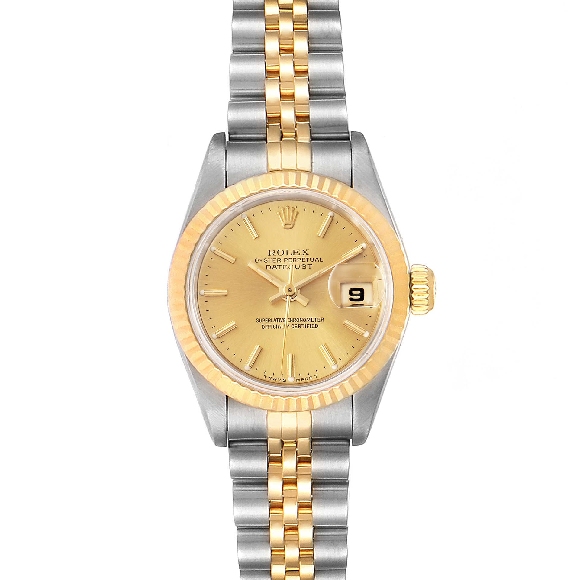 The image shows a front view of a Rolex Datejust 69173 Women's Steel and Gold (two tone) Champagne Dial 69173 Women's Steel and Gold (two tone) Champagne Dial model watch, highlighting the gold and silver elements and the date display.