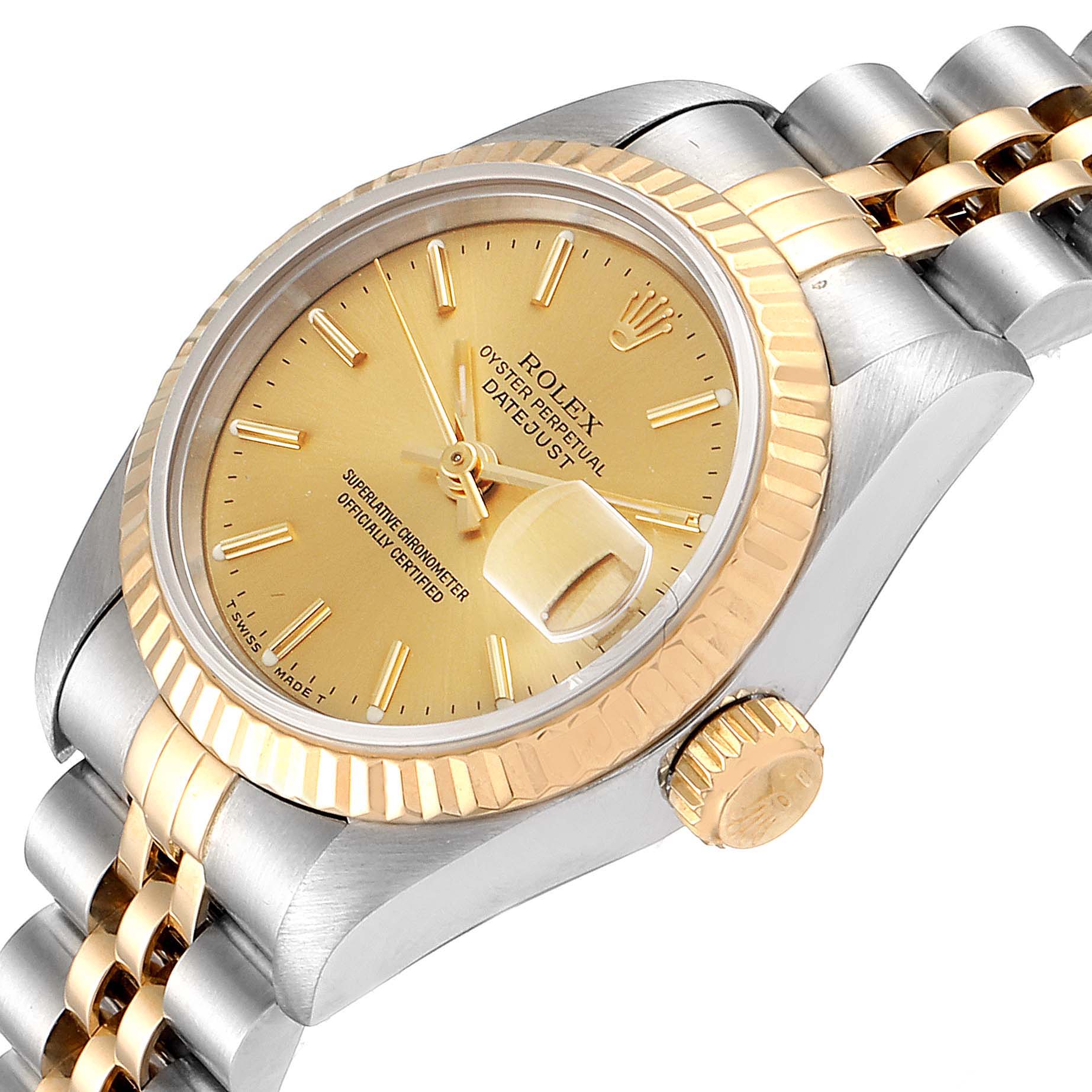 The Rolex Datejust 69173 Women's Steel and Gold (two tone) Champagne Dial 69173 Women's Steel and Gold (two tone) Champagne Dial watch is shown at a slight angle, highlighting its dial, bezel, crown, and two-tone bracelet.