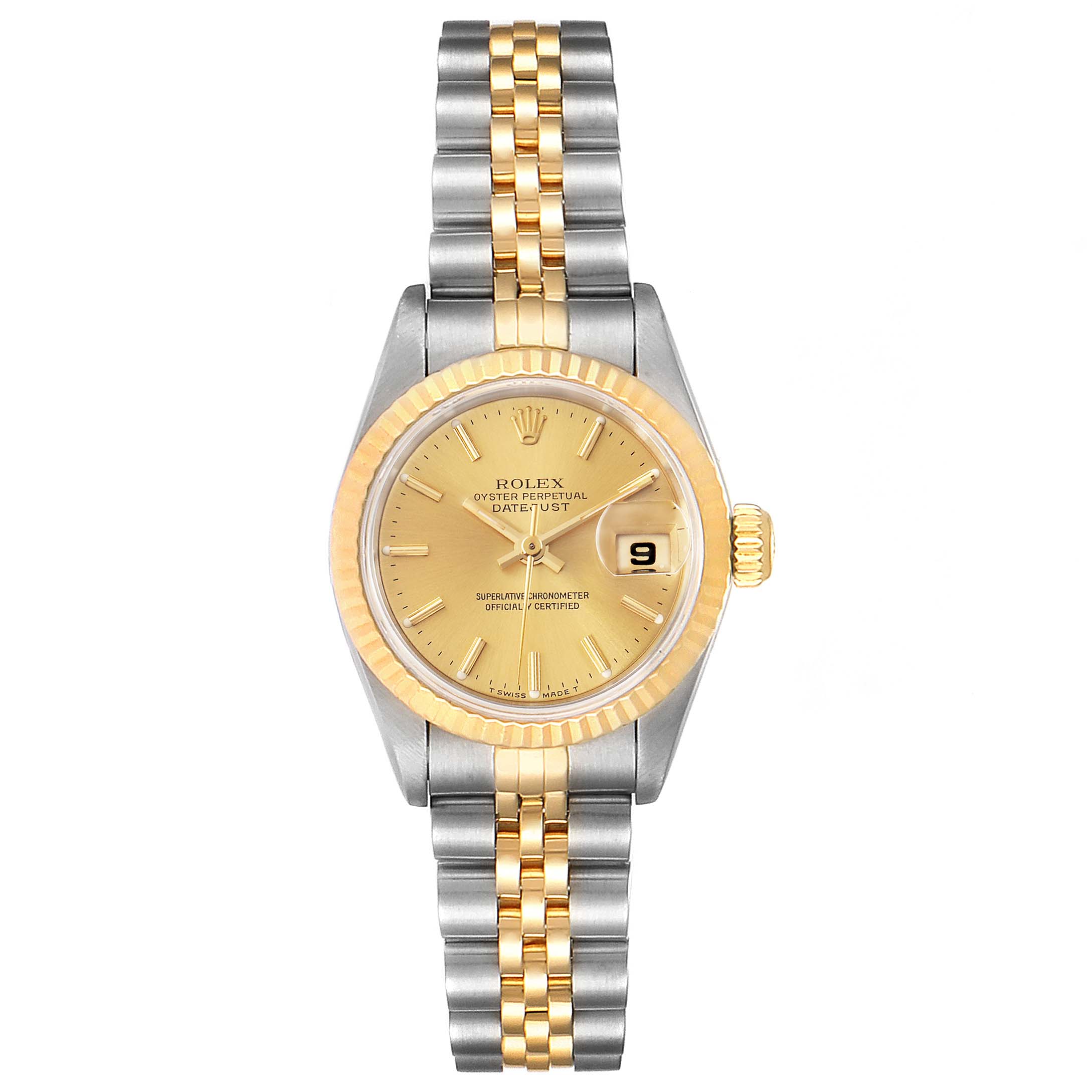 This image shows a Rolex Datejust 69173 Women's Steel and Gold (two tone) Champagne Dial 69173 Women's Steel and Gold (two tone) Champagne Dial watch from a top-down angle, highlighting its dial, bezel, case, and bracelet.
