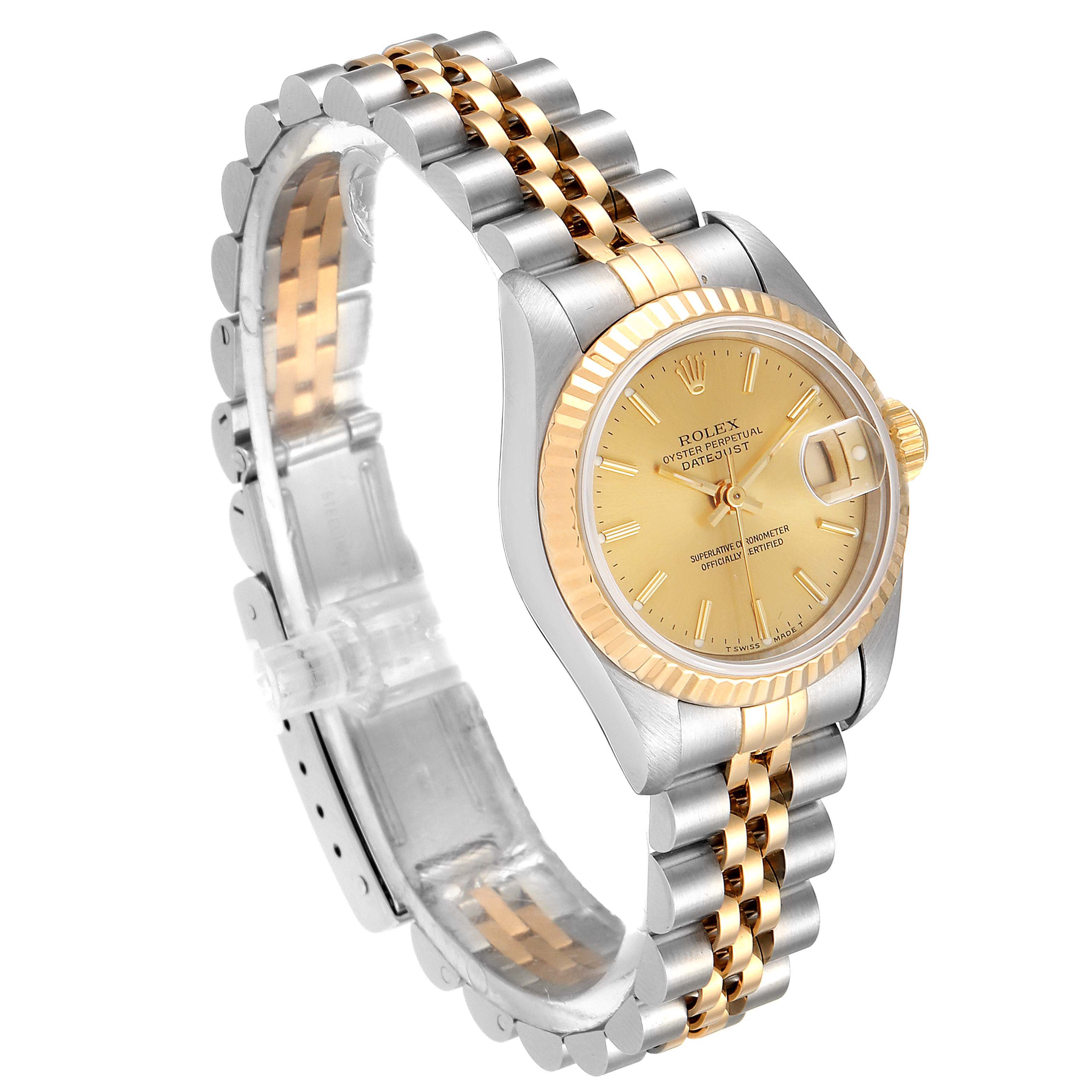 The image shows a Rolex Datejust 69173 Women's Steel and Gold (two tone) Champagne Dial 69173 Women's Steel and Gold (two tone) Champagne Dial watch at a three-quarter angle, displaying the face, bezel, and bracelet.
