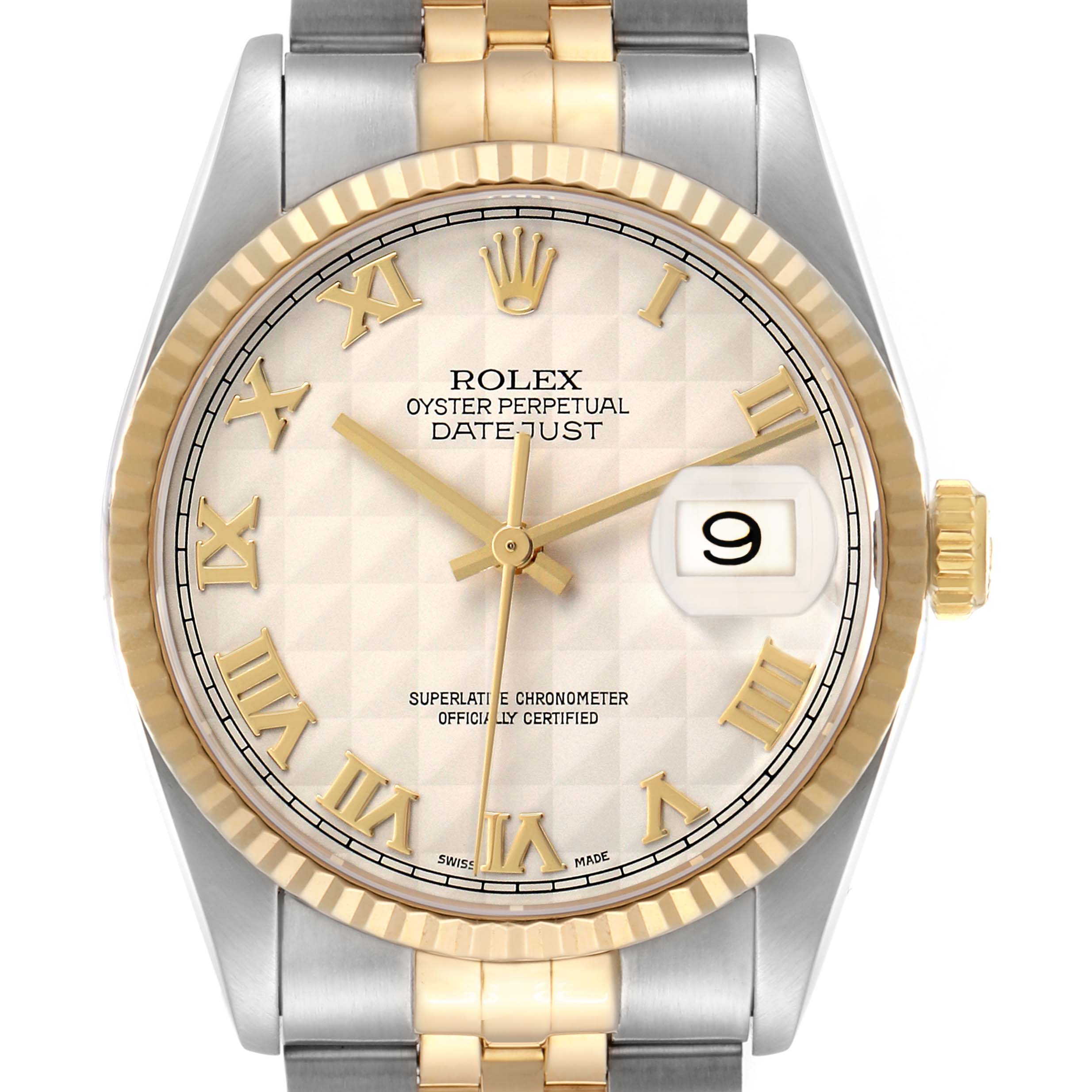 The Rolex Datejust 16233 Men's Steel and Gold (two tone) White Dial watch is shown from the front, highlighting its face, date window, and part of the bracelet.