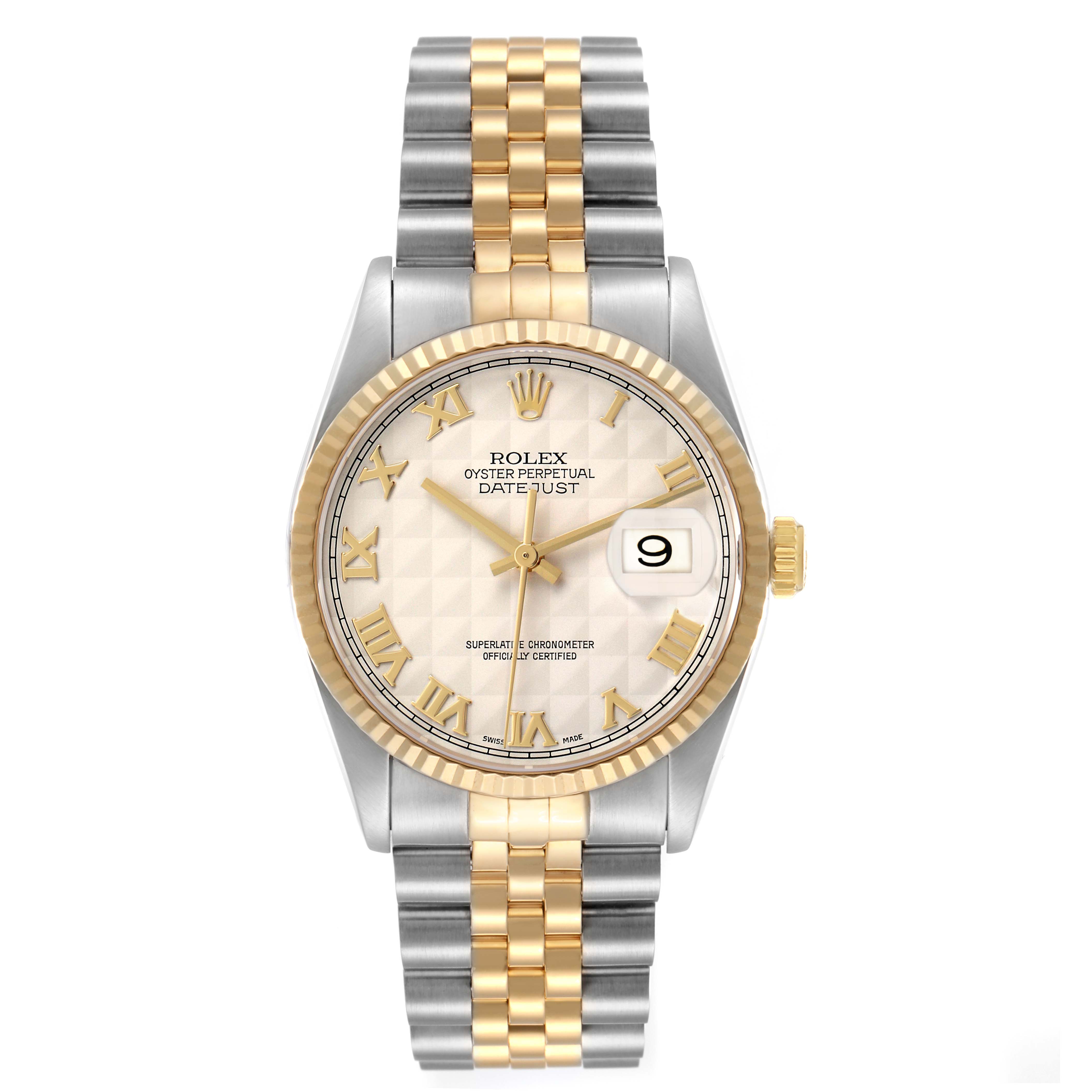 The Rolex Datejust 16233 Men's Steel and Gold (two tone) White Dial watch is shown from a front angle, featuring the dial, bezel, and two-tone bracelet.