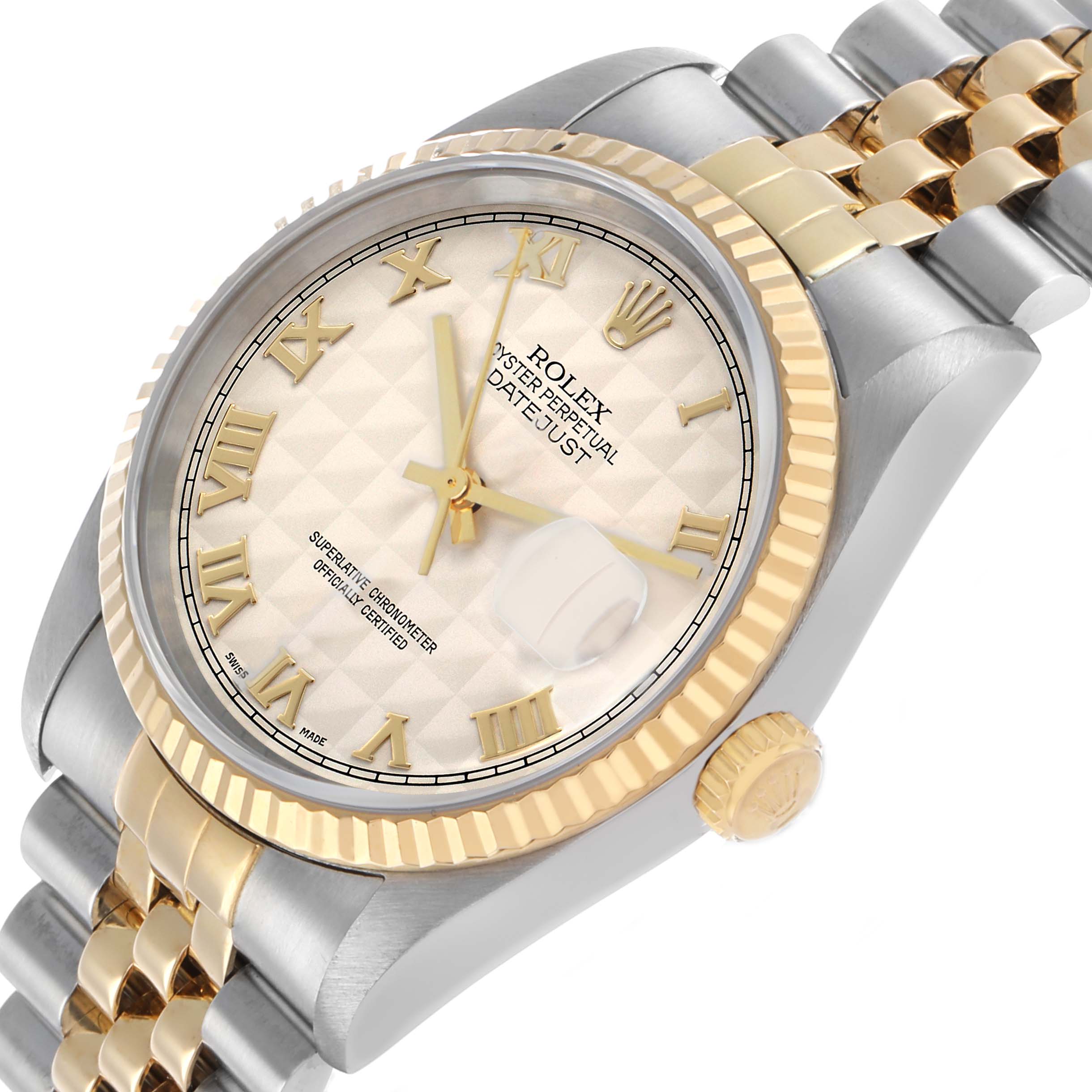 The Rolex Datejust 16233 Men's Steel and Gold (two tone) White Dial watch is shown at an angled side view, highlighting the two-tone bracelet, fluted bezel, and Roman numeral dial.