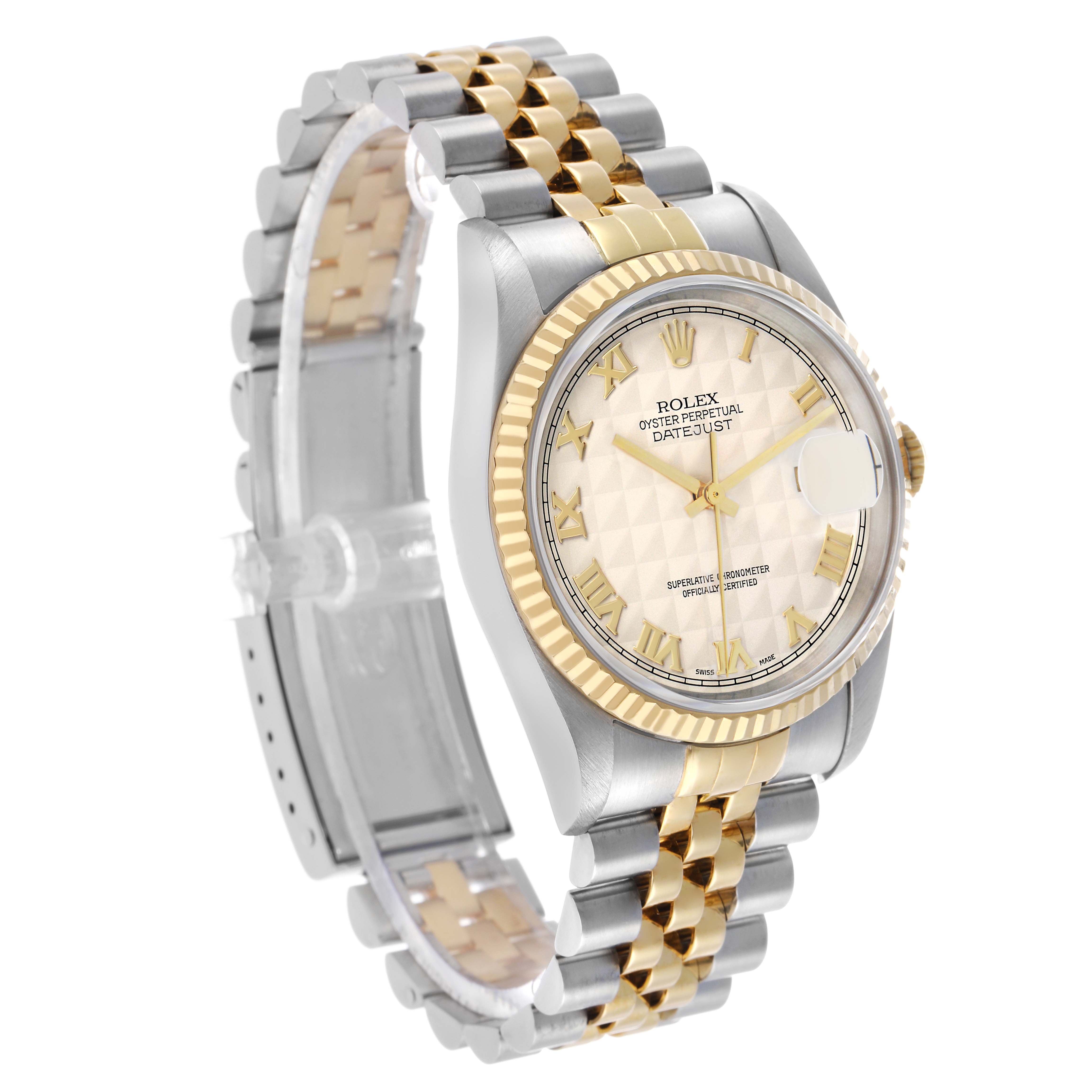 The Rolex Datejust 16233 Men's Steel and Gold (two tone) White Dial watch is shown from an angled side view, highlighting the dial, fluted bezel, and Jubilee bracelet.