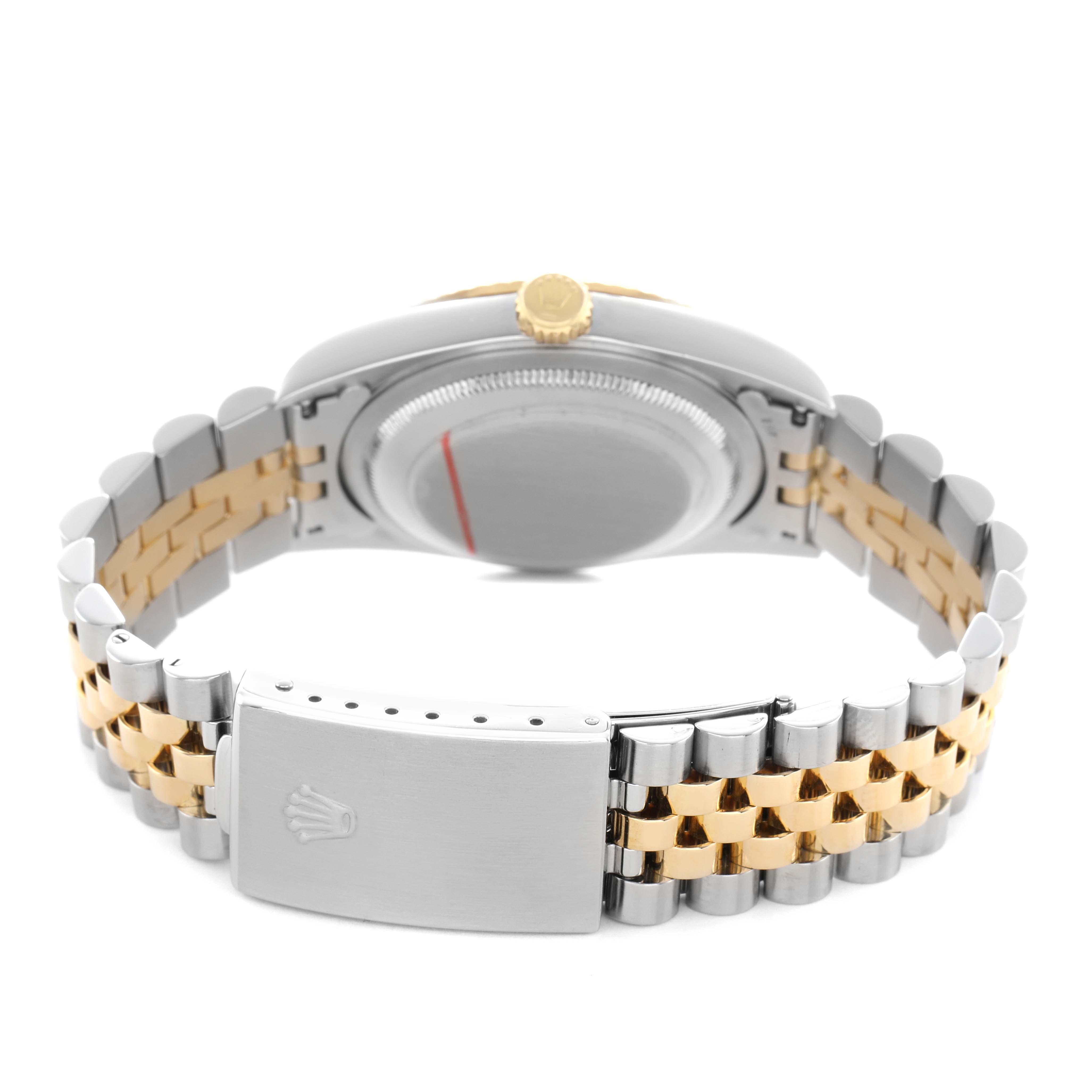 The image shows the back of a Rolex Datejust 16233 Men's Steel and Gold (two tone) White Dial watch, highlighting the case back, crown, and two-tone bracelet with a clasp.