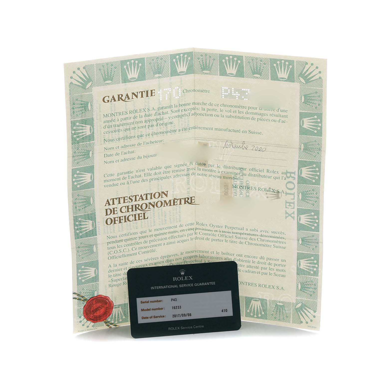 The image features a warranty certificate and service card for a Rolex Datejust 16233 Men's Steel and Gold (two tone) White Dial, shown from a front-facing angle.