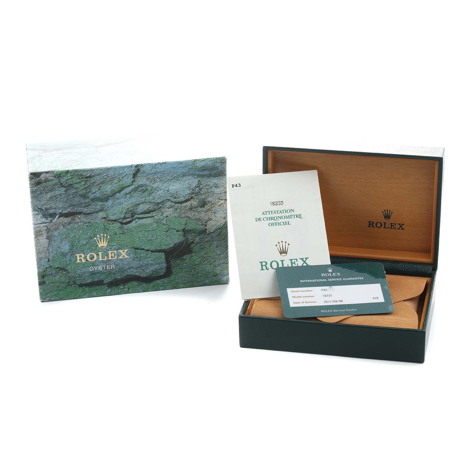 The image shows a Rolex Datejust 16233 Men's Steel and Gold (two tone) White Dial watch box, warranty card, and documents from a front angle.