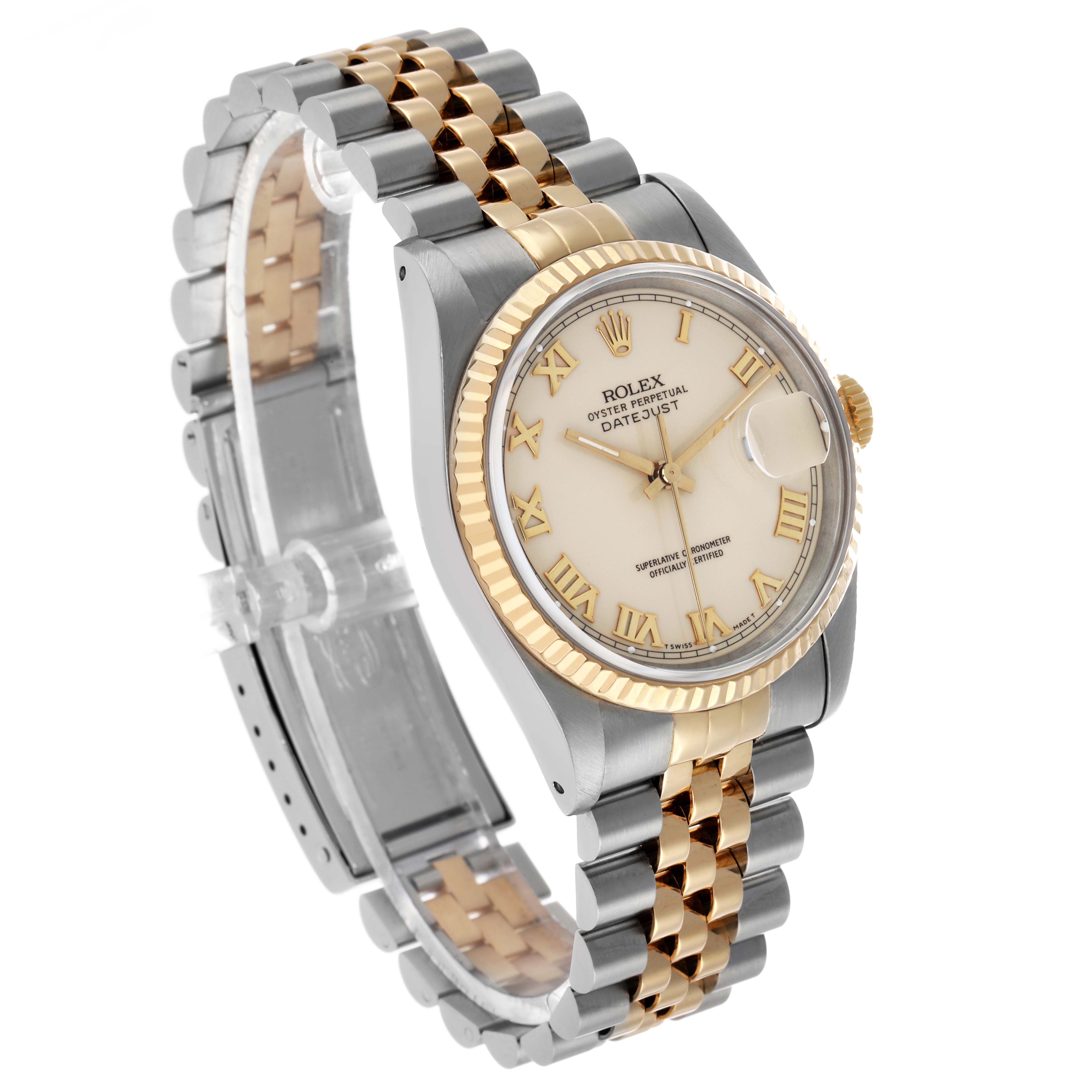 The Rolex Datejust 16233 Men's Steel and Gold (two tone) Beige Dial watch is shown from a front-left angle, displaying its face, bezel, and Jubilee bracelet.