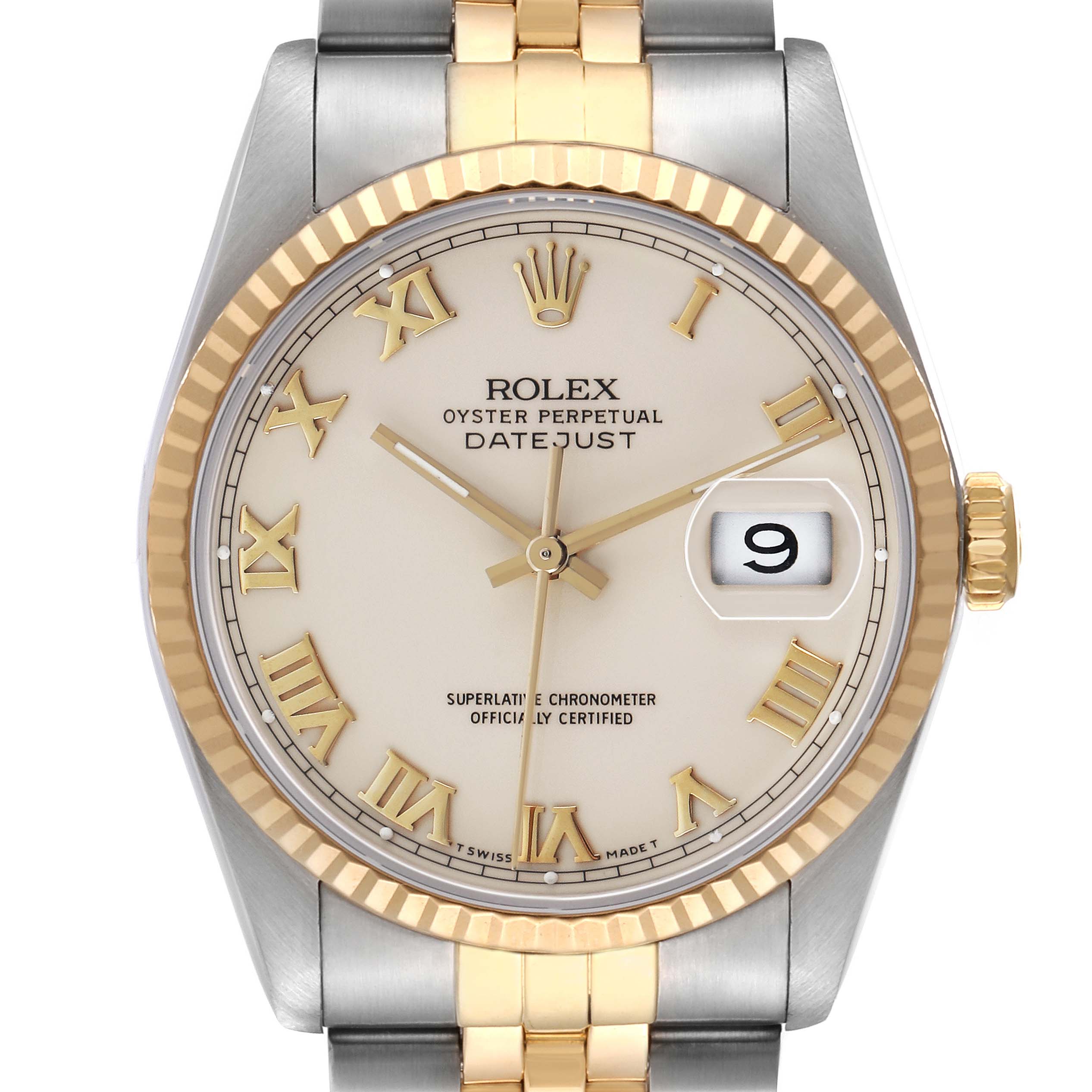 The Rolex Datejust 16233 Men's Steel and Gold (two tone) Beige Dial watch is shown from a front angle, highlighting its bezel, dial, hands, bracelet, and date window.