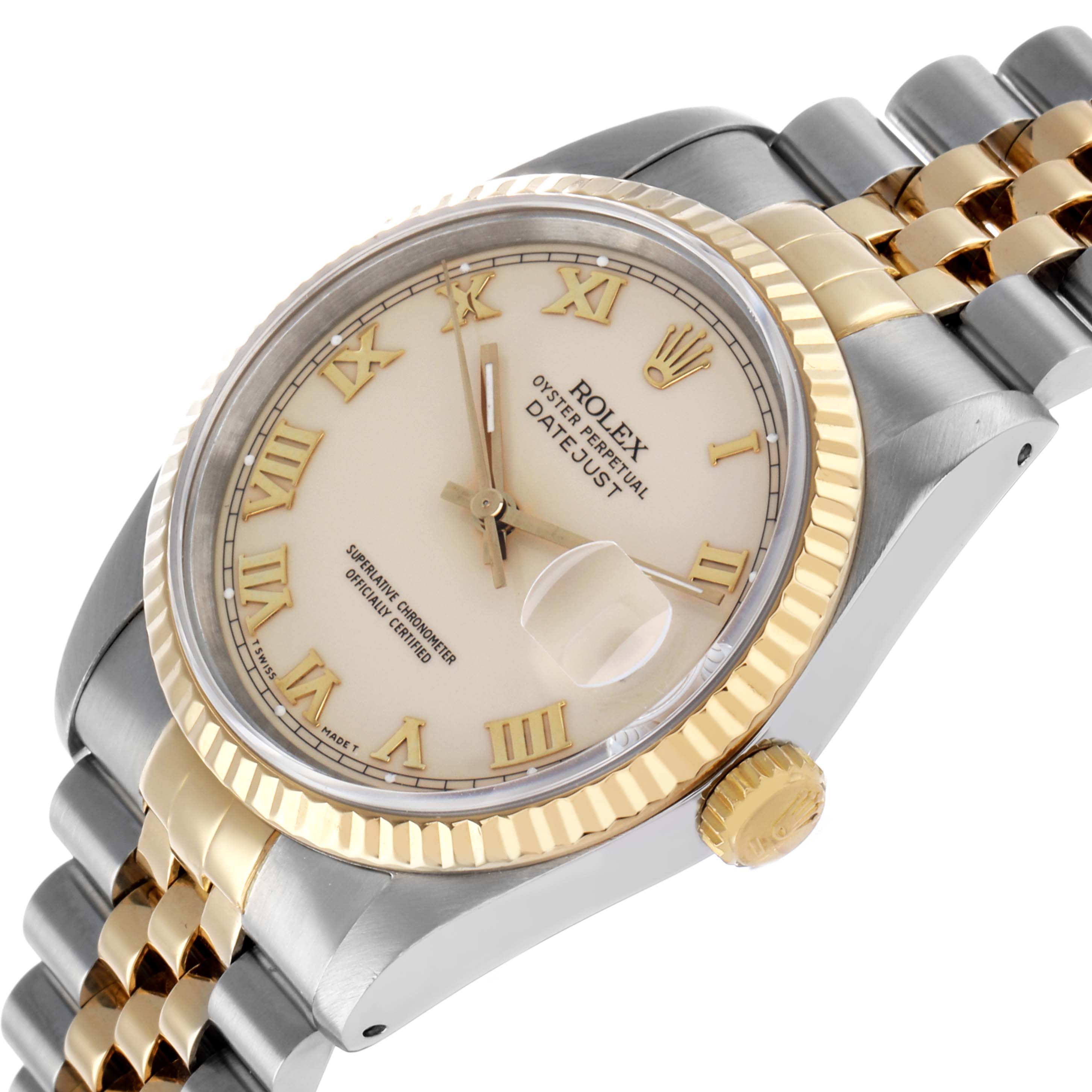 The Rolex Datejust 16233 Men's Steel and Gold (two tone) Beige Dial watch is shown at an angle displaying the dial, fluted bezel, crown, and two-tone jubilee bracelet.