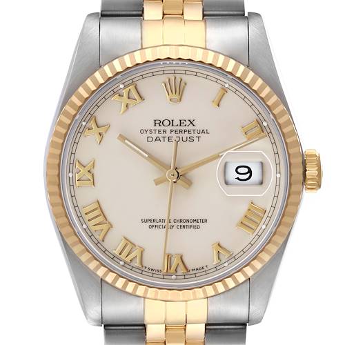 The Rolex Datejust 16233 Men's Steel and Gold (two tone) Beige Dial watch is shown from the front, highlighting the dial, bezel, crown, and part of the bracelet.