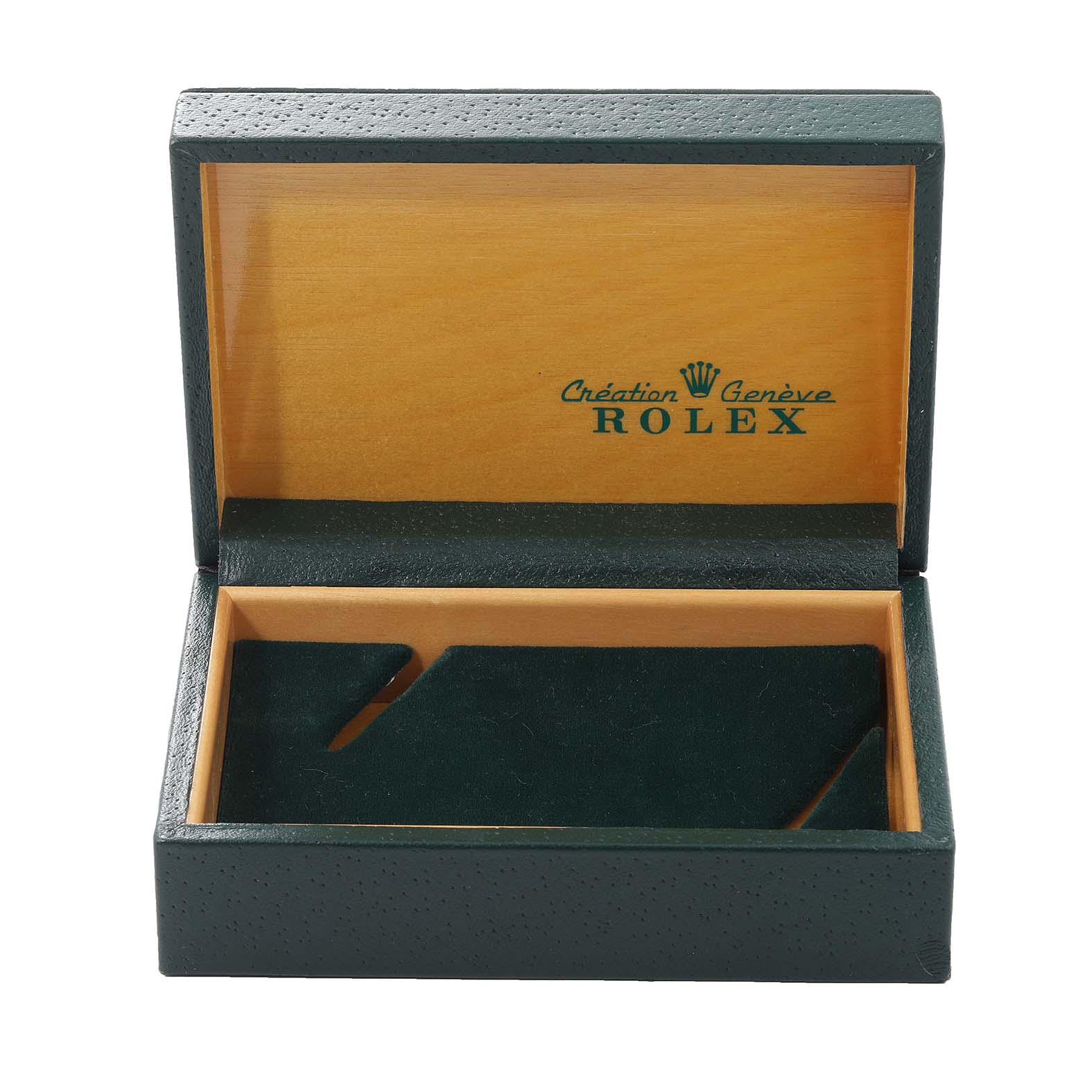 This image shows an open green Rolex Datejust 16013 Men's Steel and Gold (two tone) White Dial 16013 Men's Steel and Gold (two tone) White Dial watch box with "Création Genève Rolex" written inside the lid.