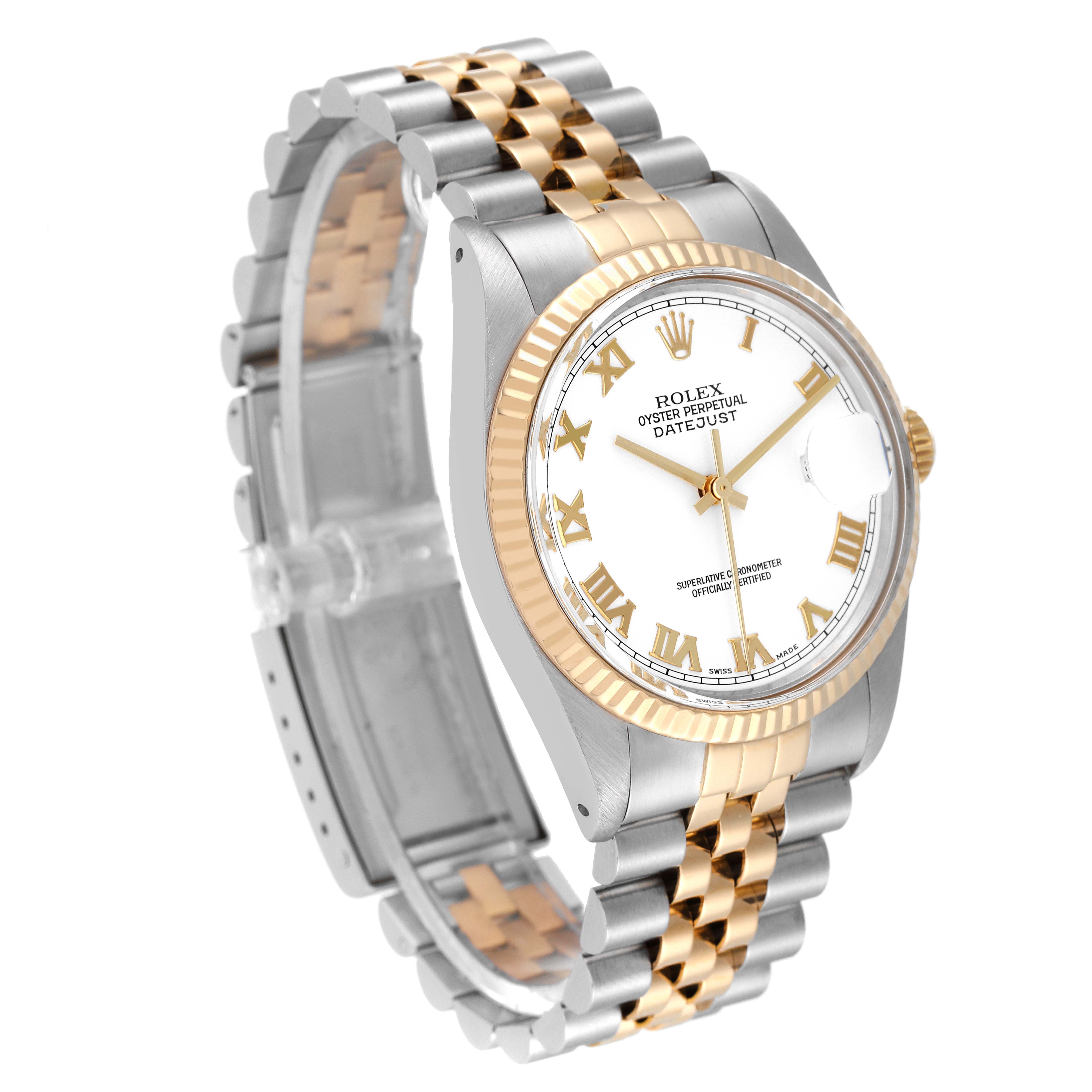 The Rolex Datejust 16013 Men's Steel and Gold (two tone) White Dial 16013 Men's Steel and Gold (two tone) White Dial watch is shown at a three-quarter angle, displaying its face, fluted bezel, and two-tone bracelet.