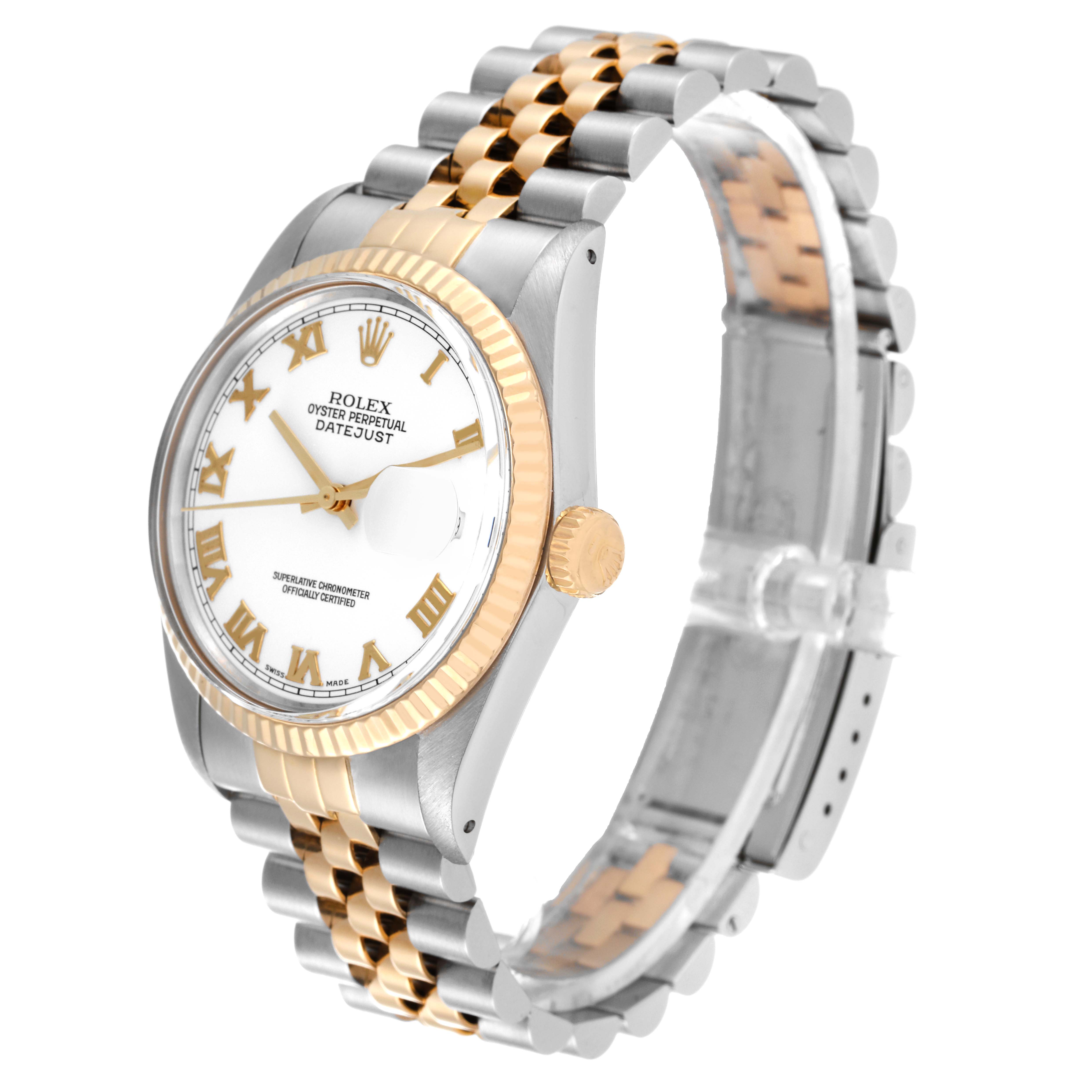 The Rolex Datejust 16013 Men's Steel and Gold (two tone) White Dial 16013 Men's Steel and Gold (two tone) White Dial watch is shown at an angle displaying its face, bezel, crown, and two-tone bracelet.