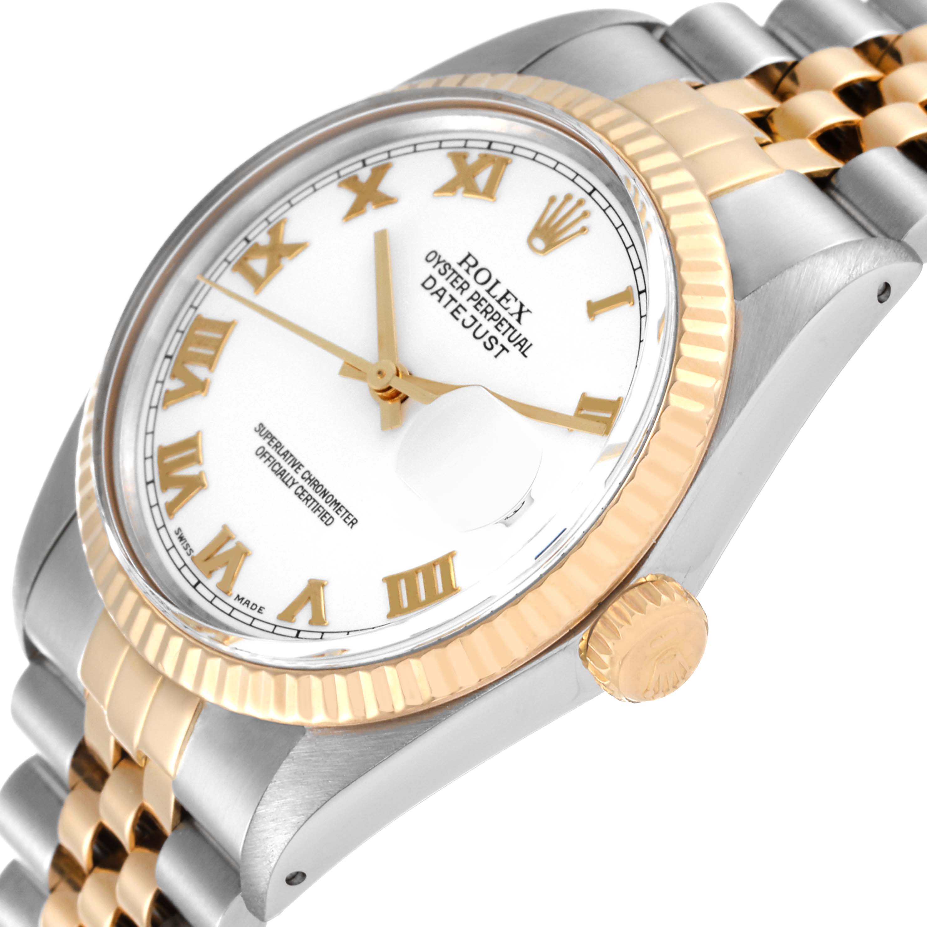 The image shows a Rolex Datejust 16013 Men's Steel and Gold (two tone) White Dial 16013 Men's Steel and Gold (two tone) White Dial watch from a side angle, highlighting the dial, fluted bezel, crown, and part of the bracelet.
