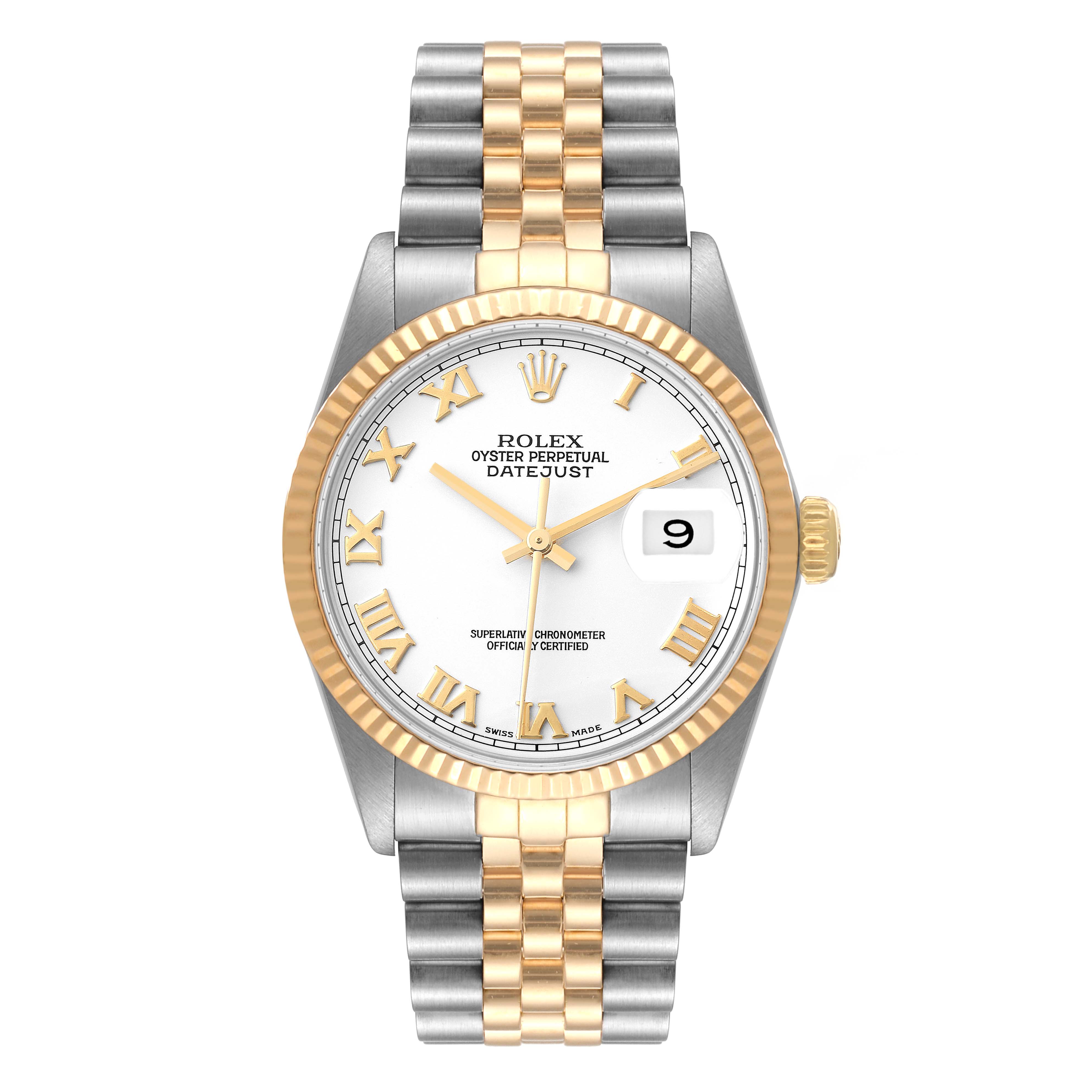 The image shows a front view of a Rolex Datejust 16013 Men's Steel and Gold (two tone) White Dial 16013 Men's Steel and Gold (two tone) White Dial watch with a two-tone bracelet, white dial, and gold Roman numerals.
