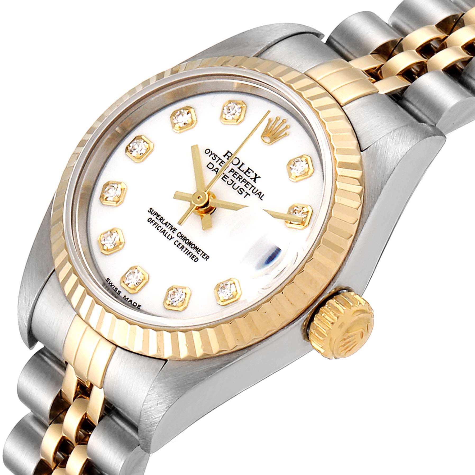The close-up image shows the dial, crown, and part of the bracelet of a Rolex Datejust 79173 Women's Steel and Gold (two tone) White Dial 79173 Women's Steel and Gold (two tone) White Dial watch.