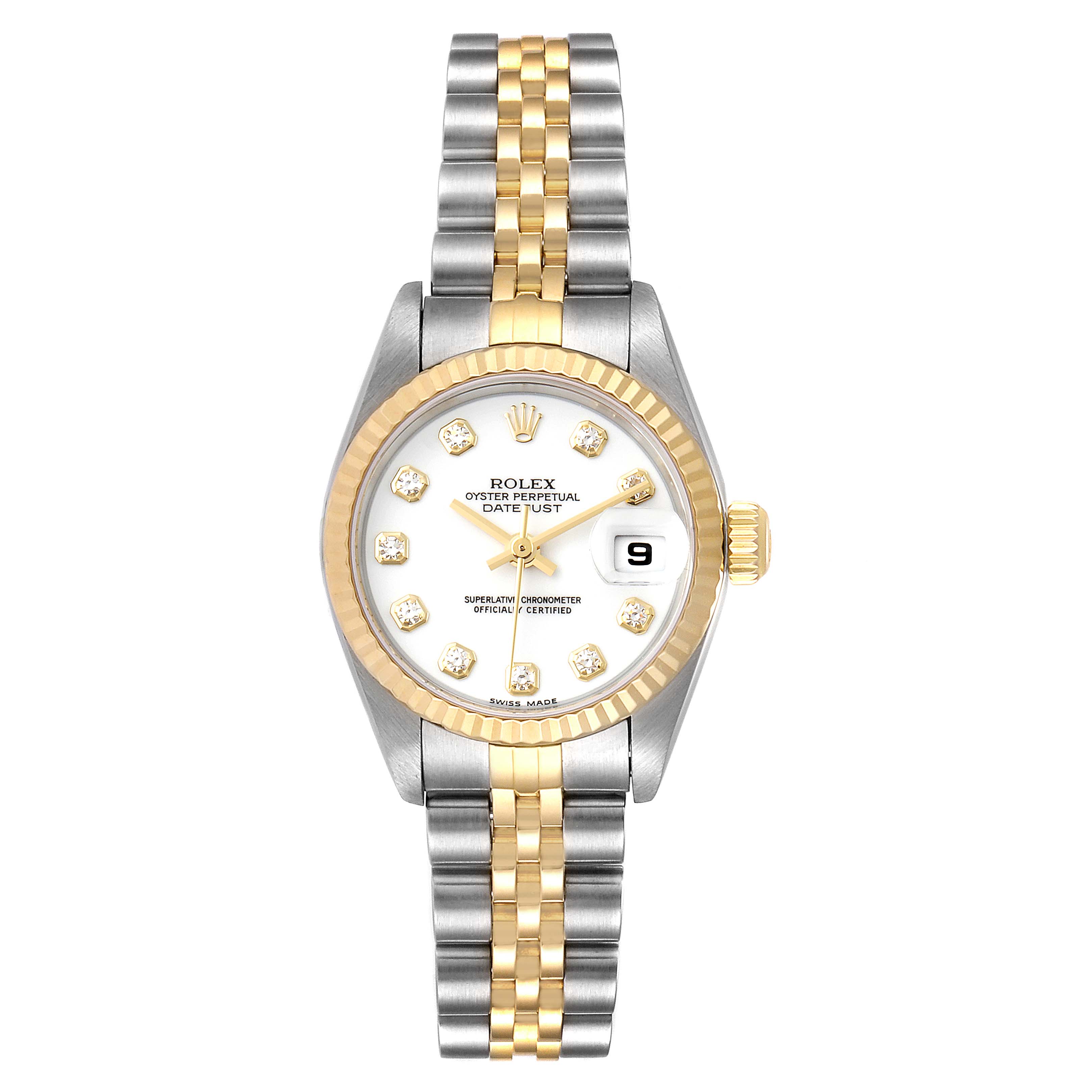 This image shows the face, crown, and bracelet of a Rolex Datejust 79173 Women's Steel and Gold (two tone) White Dial 79173 Women's Steel and Gold (two tone) White Dial watch, taken from a front angle.