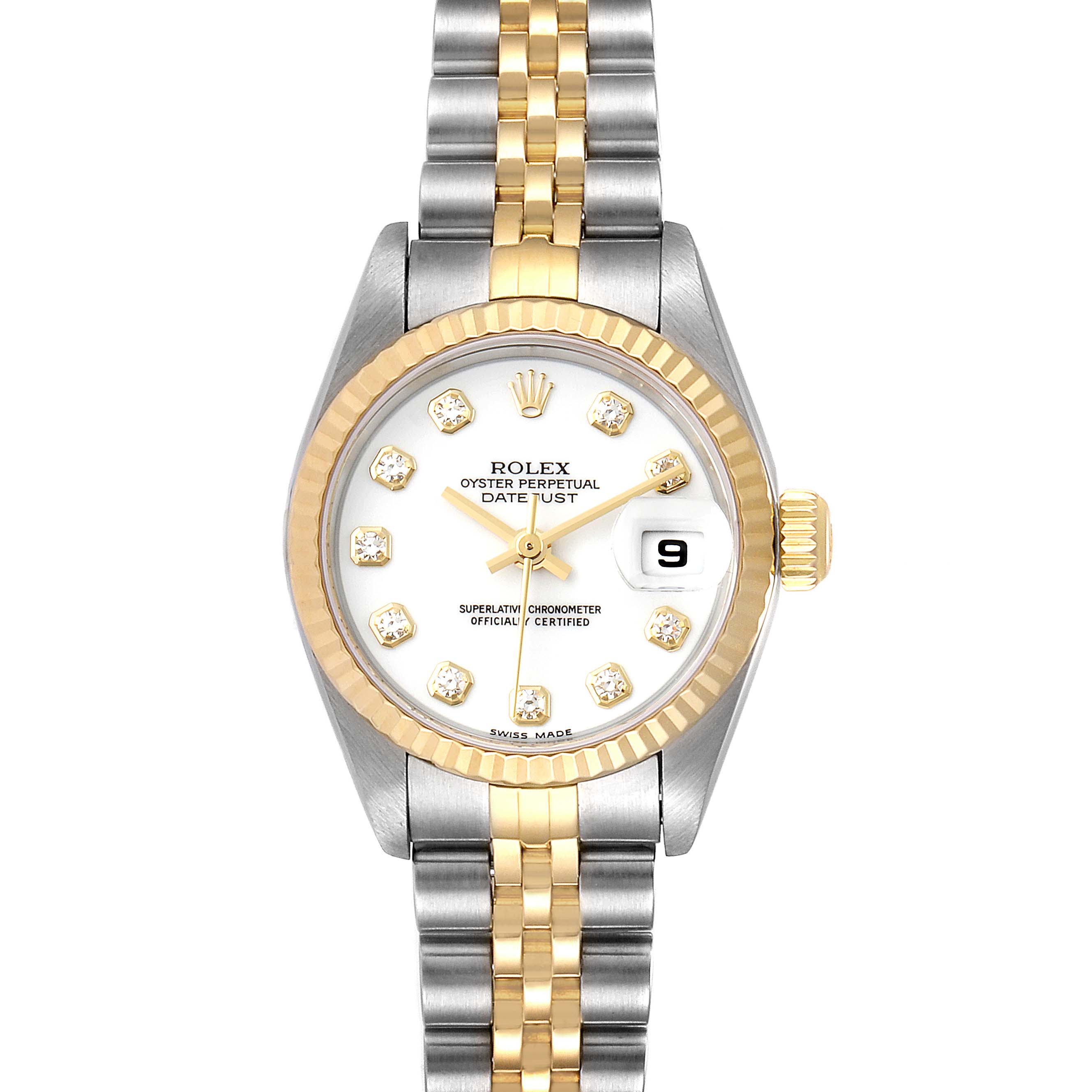 The image shows the front view of a Rolex Datejust 79173 Women's Steel and Gold (two tone) White Dial 79173 Women's Steel and Gold (two tone) White Dial watch, displaying its face, bezel, and jubilee bracelet.