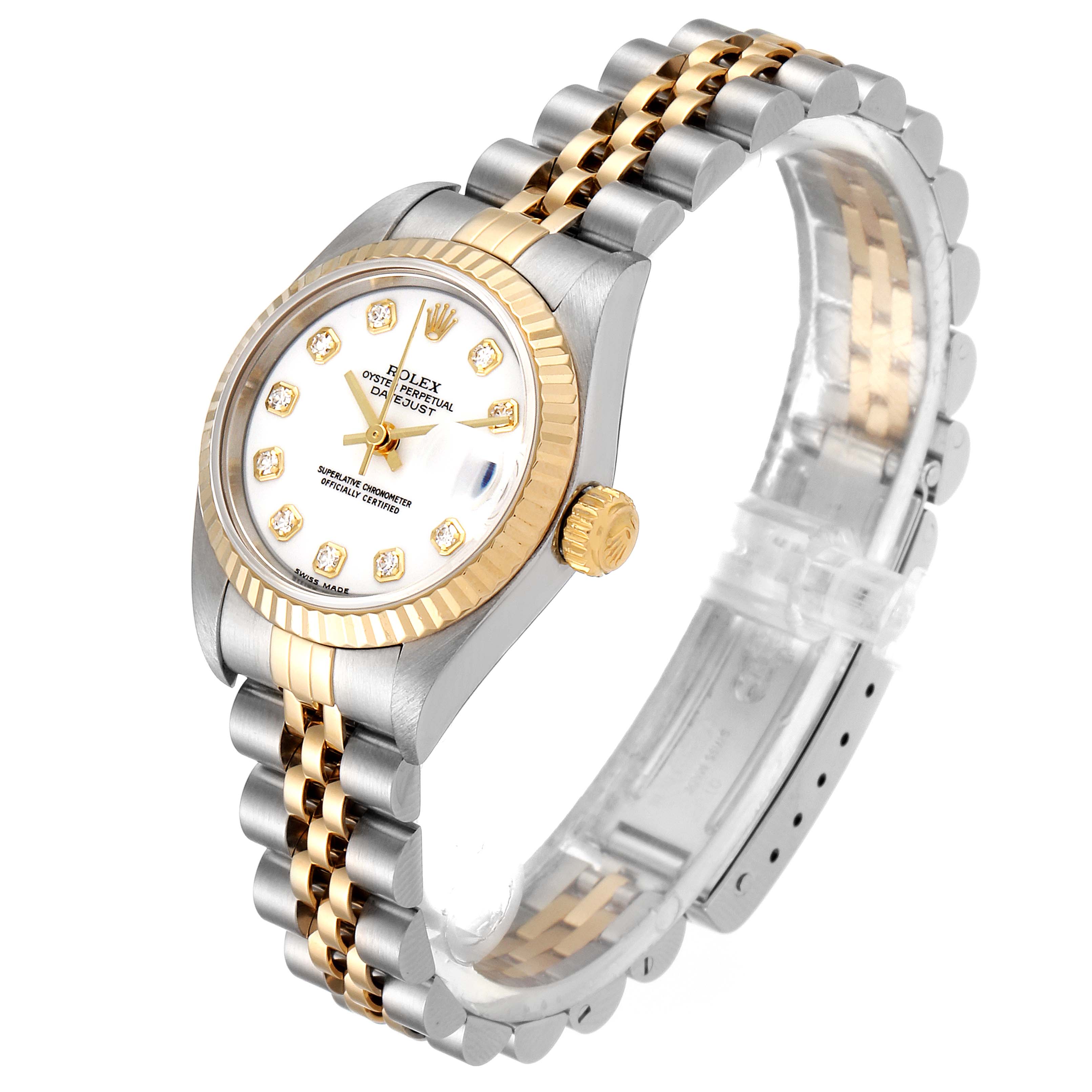 This image shows the Rolex Datejust 79173 Women's Steel and Gold (two tone) White Dial 79173 Women's Steel and Gold (two tone) White Dial watch at a three-quarter angle, displaying the watch face, bezel, crown, and bracelet.