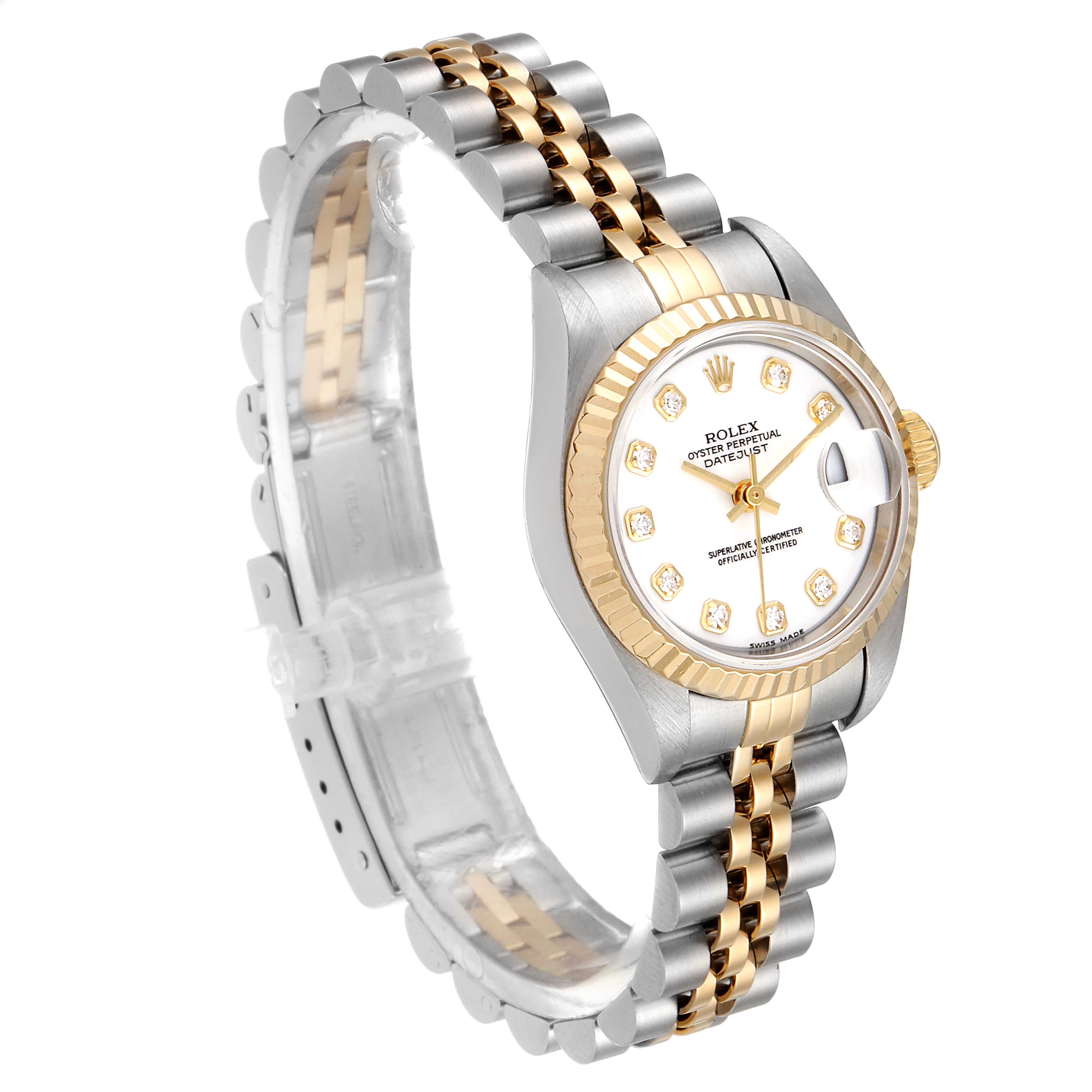 A Rolex Datejust 79173 Women's Steel and Gold (two tone) White Dial 79173 Women's Steel and Gold (two tone) White Dial watch is shown at a slight angle, revealing its face, bezel, and two-tone bracelet.