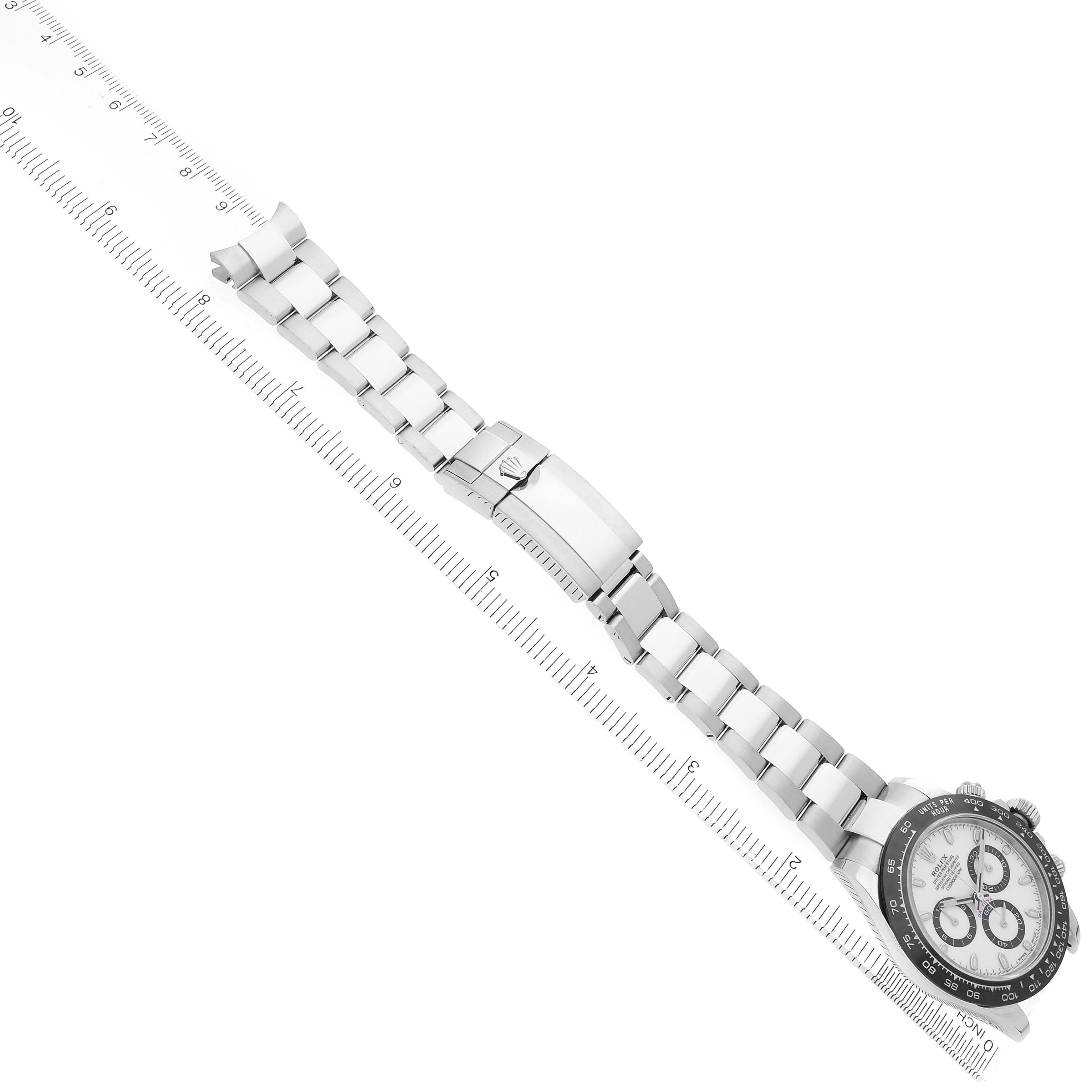 The Rolex Daytona 116500 Men's Stainless Steel White Dial watch is shown from a top angle, featuring its face, bezel, bracelet, and clasp.