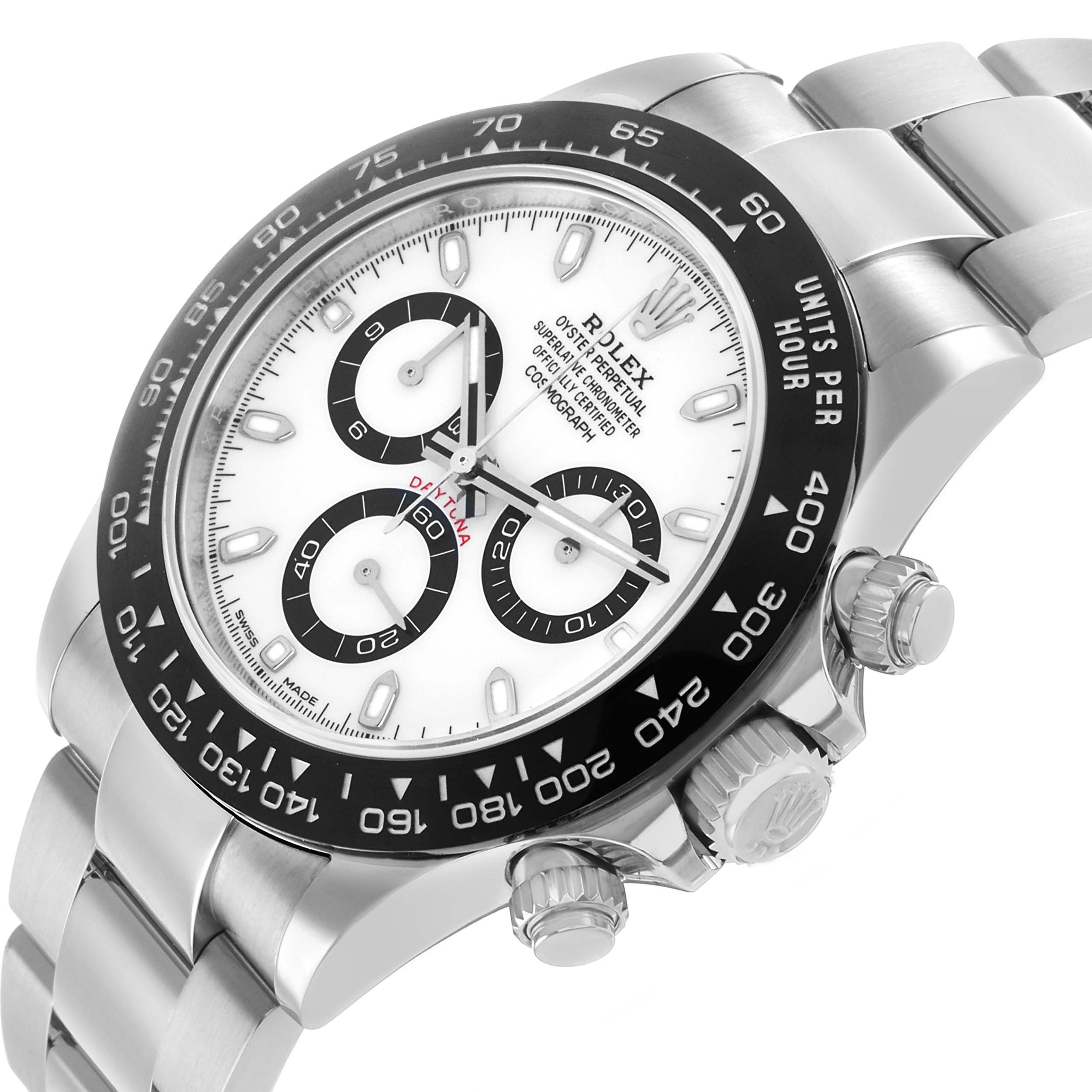 The Rolex Daytona 116500 Men's Stainless Steel White Dial watch is shown at an angle, showcasing the bezel, dial, subdials, and crown.