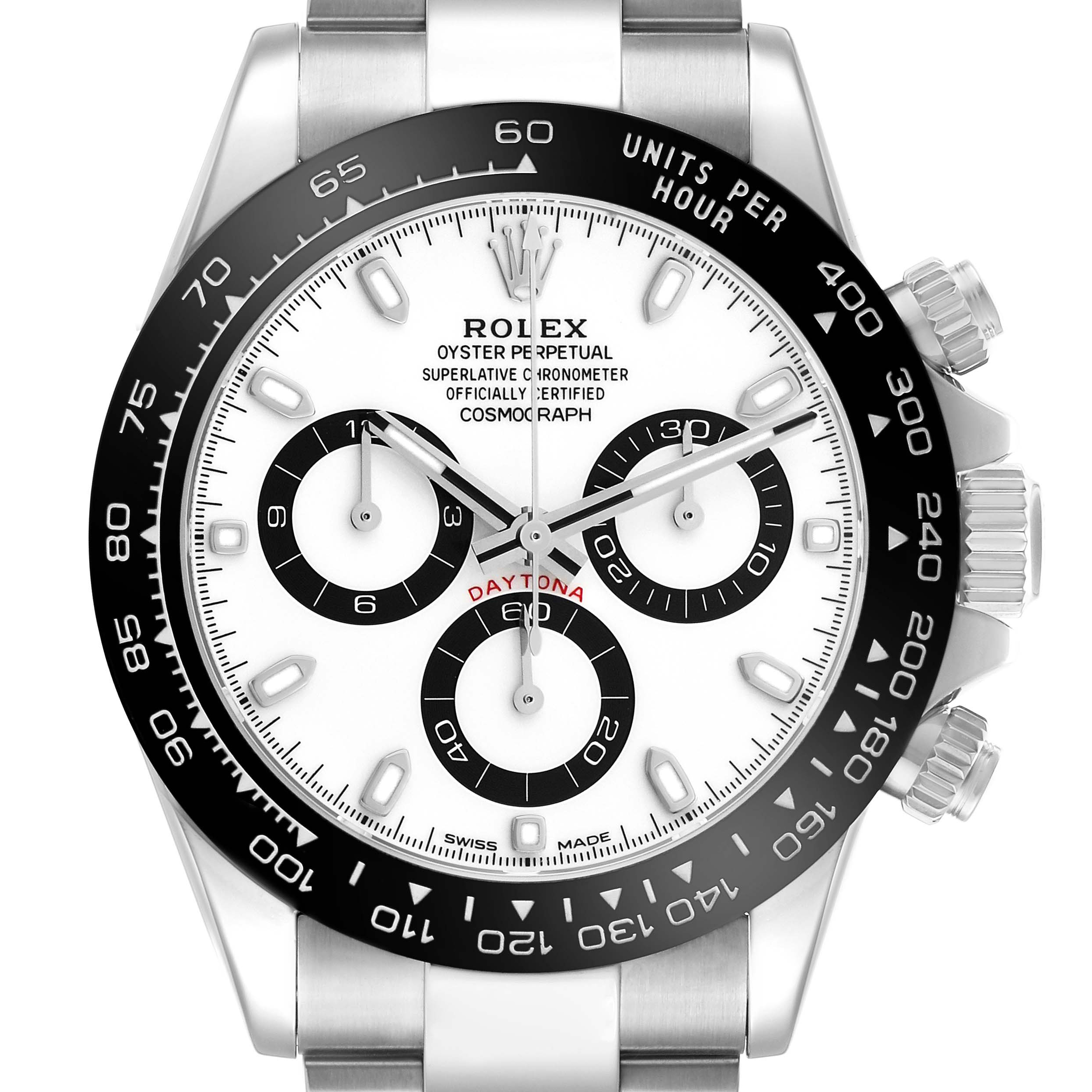 The image shows a front view of a Rolex Daytona 116500 Men's Stainless Steel White Dial, highlighting the bezel, dial, and chronograph sub-dials.