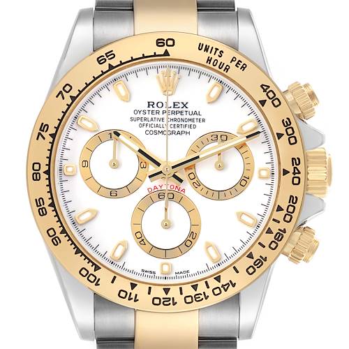 The Rolex Daytona 116503 Men's Steel and Gold (two tone) White Dial watch is shown from the front, displaying its face, bezel, subdials, and pushers.