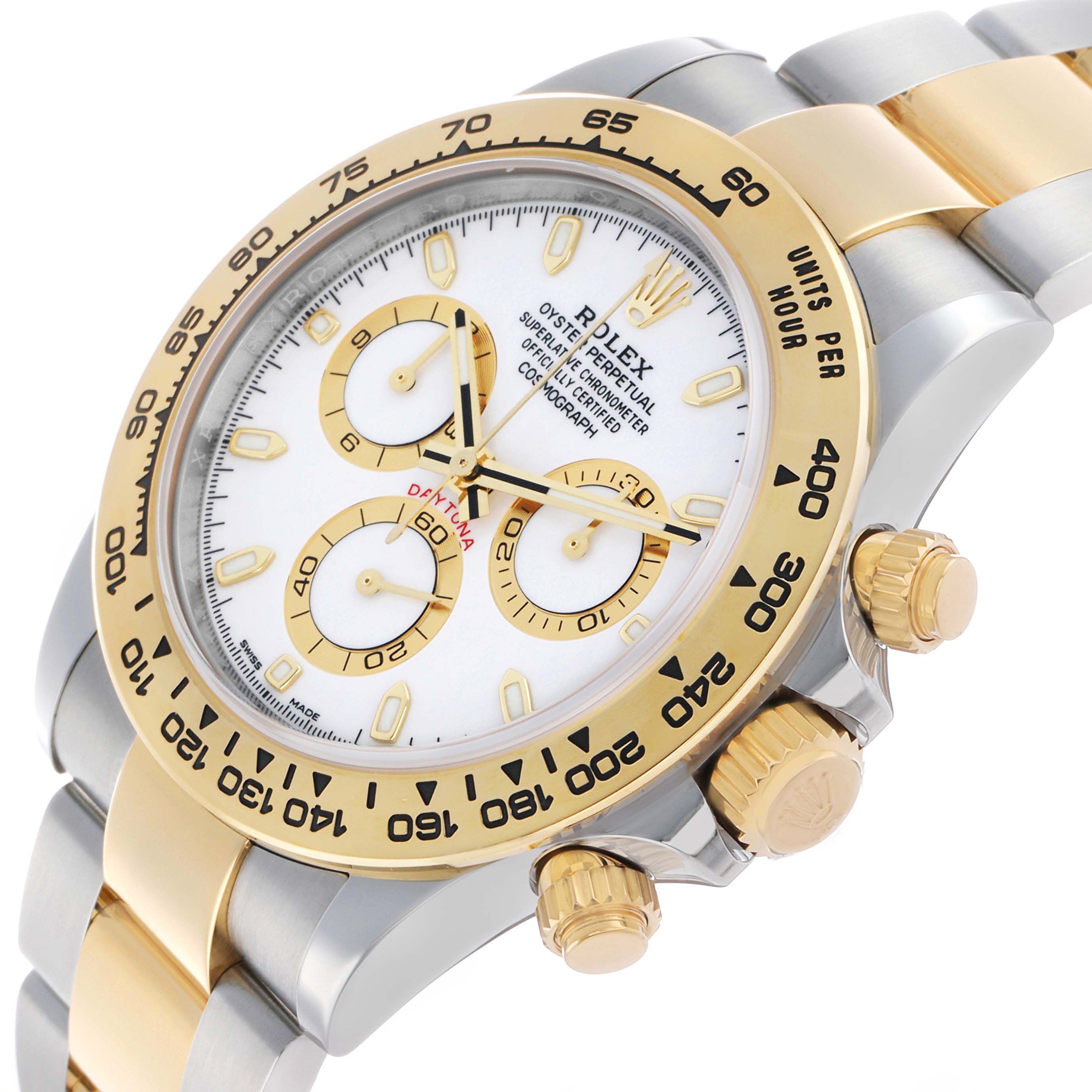 The image shows a Rolex Daytona 116503 Men's Steel and Gold (two tone) White Dial watch at a slight angle, highlighting the gold and steel case, bezel, and chronograph dials.