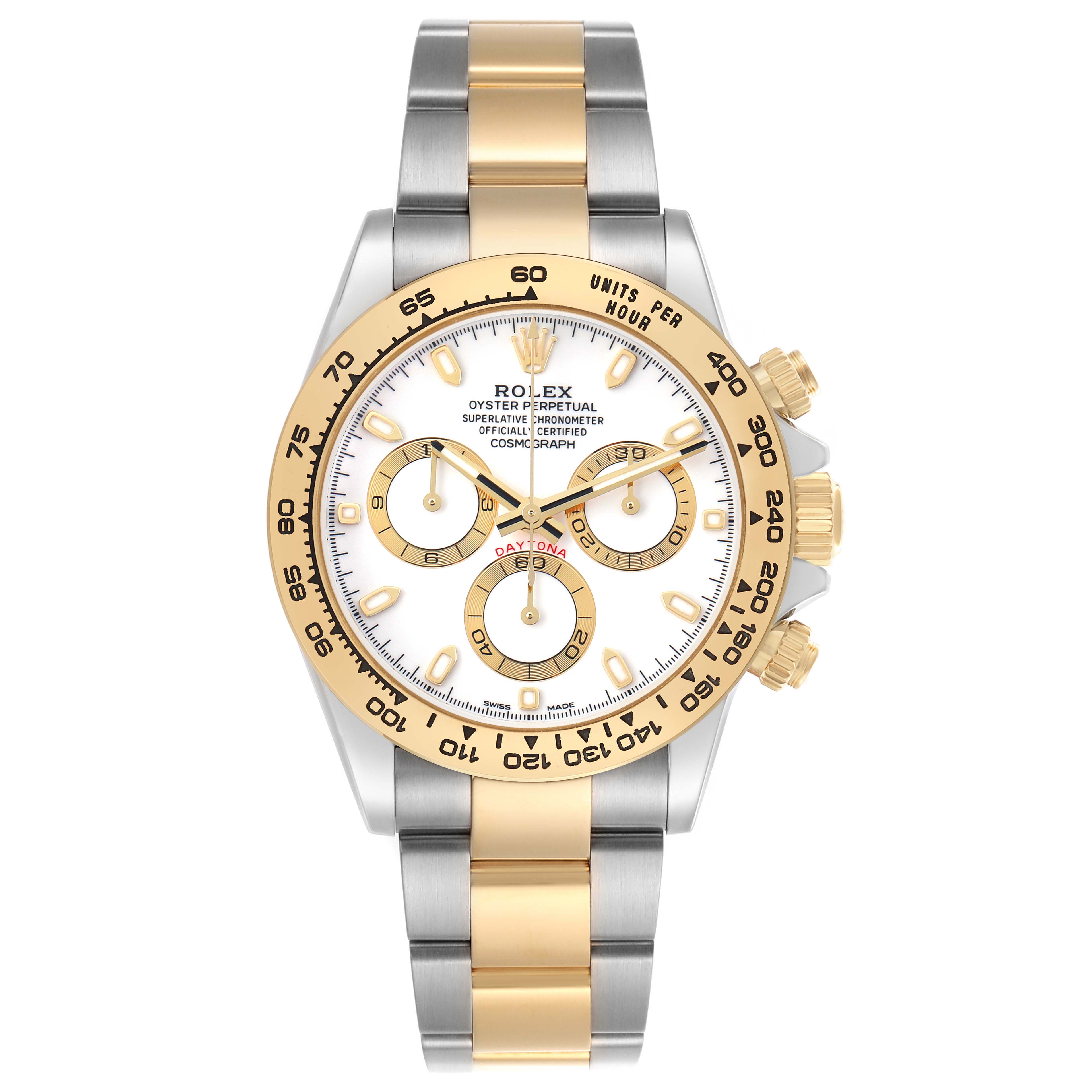 The Rolex Daytona 116503 Men's Steel and Gold (two tone) White Dial watch is shown from a top-down angle, highlighting its bezel, dial, subdials, and two-tone bracelet.