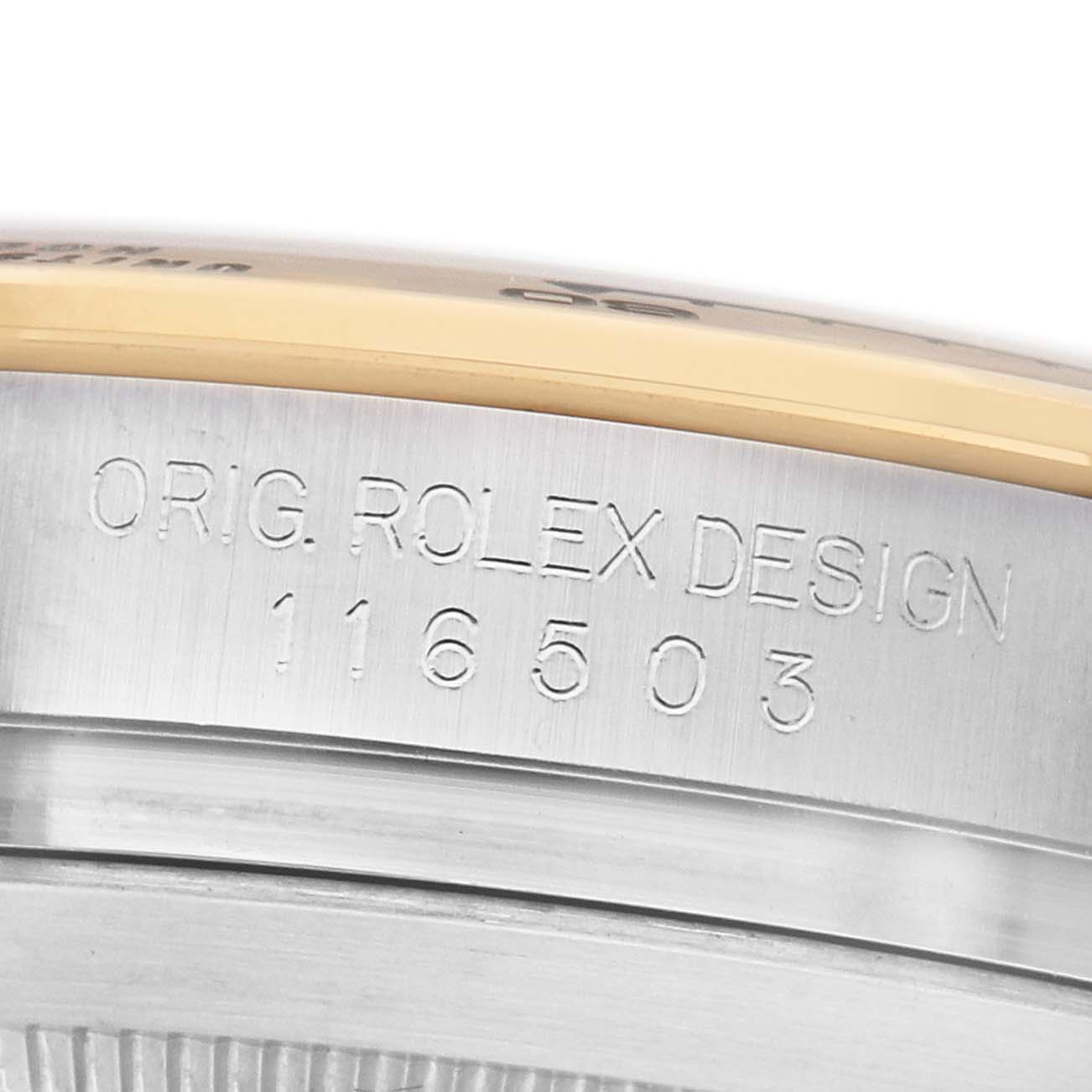 The image shows the side of a Rolex Daytona 116503 Men's Steel and Gold (two tone) White Dial, highlighting the engraving "Orig. Rolex Design 116503" on the case.
