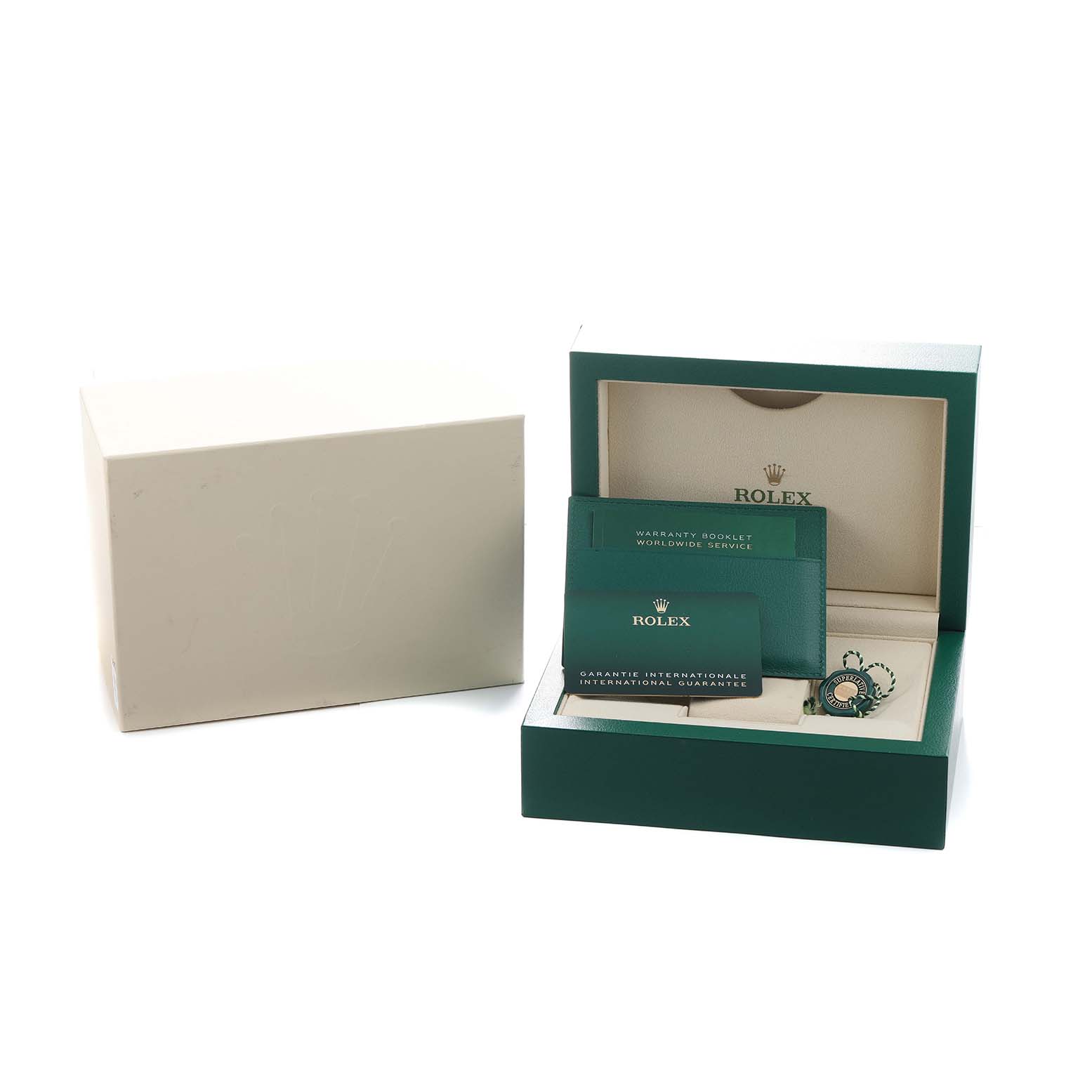 The image shows the packaging and accessories of a Rolex Daytona 116503 Men's Steel and Gold (two tone) White Dial model, including its box, cards, and a tag, viewed from the front.