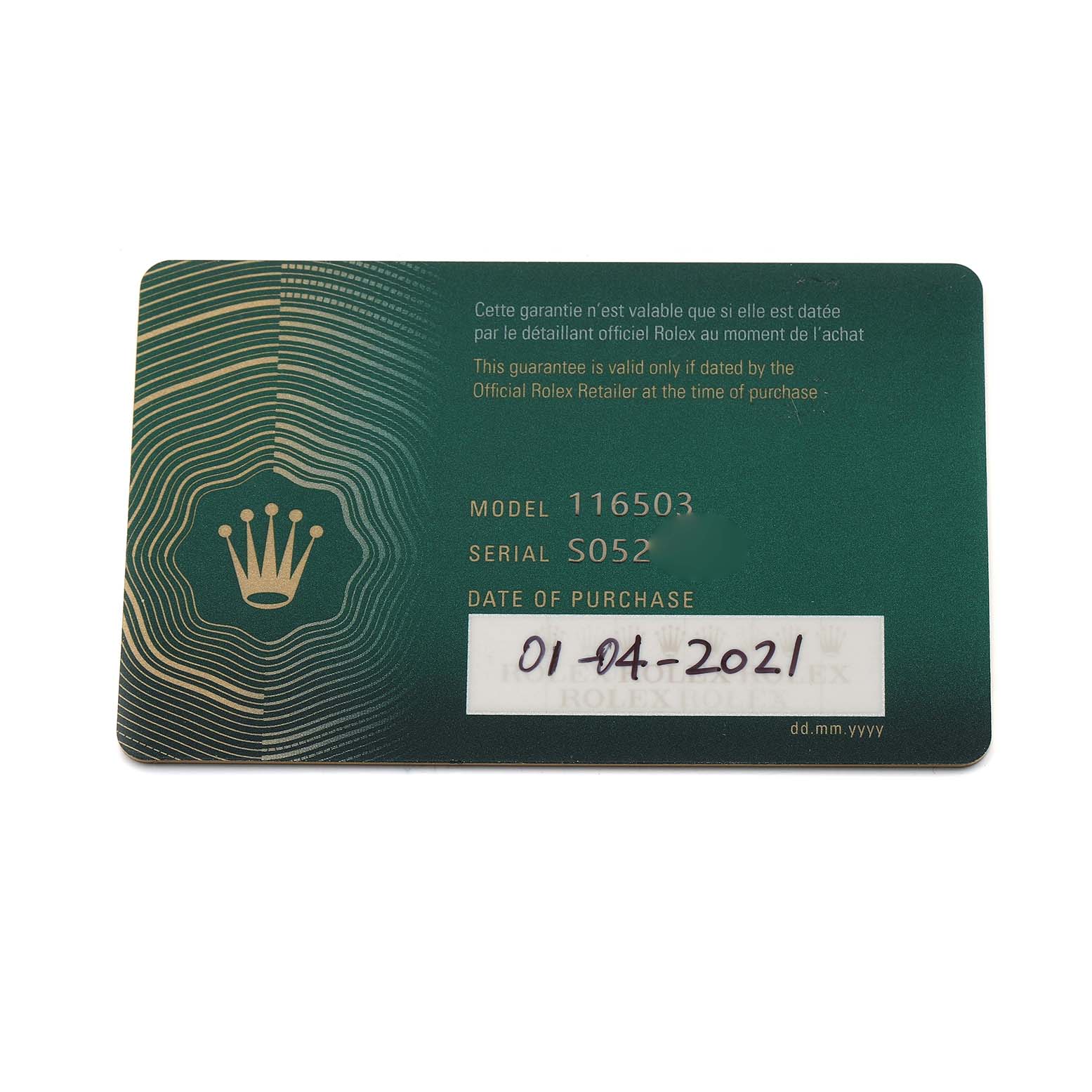 The image shows a Rolex Daytona 116503 Men's Steel and Gold (two tone) White Dial guarantee card with model number, serial number, and purchase date.