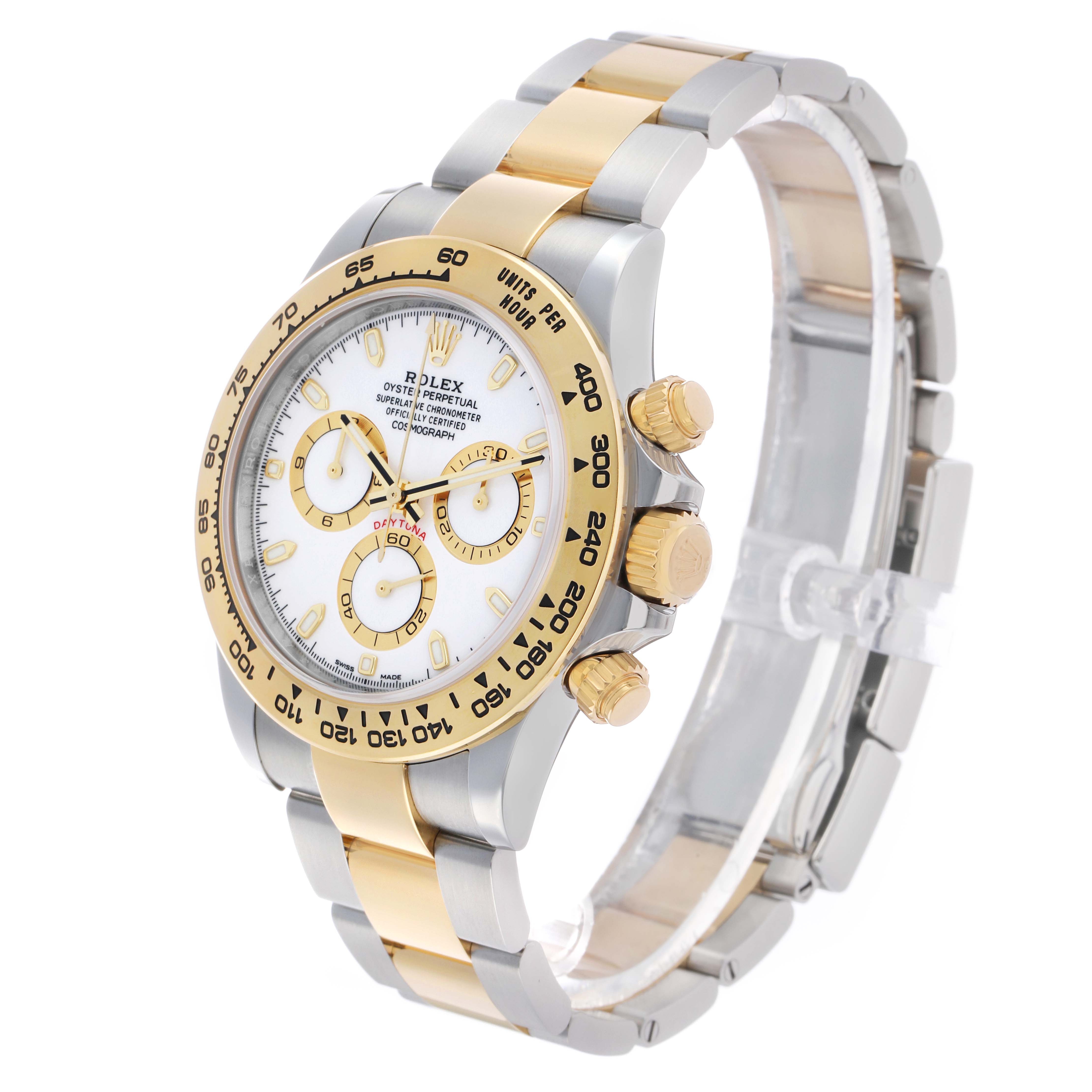 The Rolex Daytona 116503 Men's Steel and Gold (two tone) White Dial is shown at an angled side view, highlighting its bezel, dial, crown, and two-tone bracelet.
