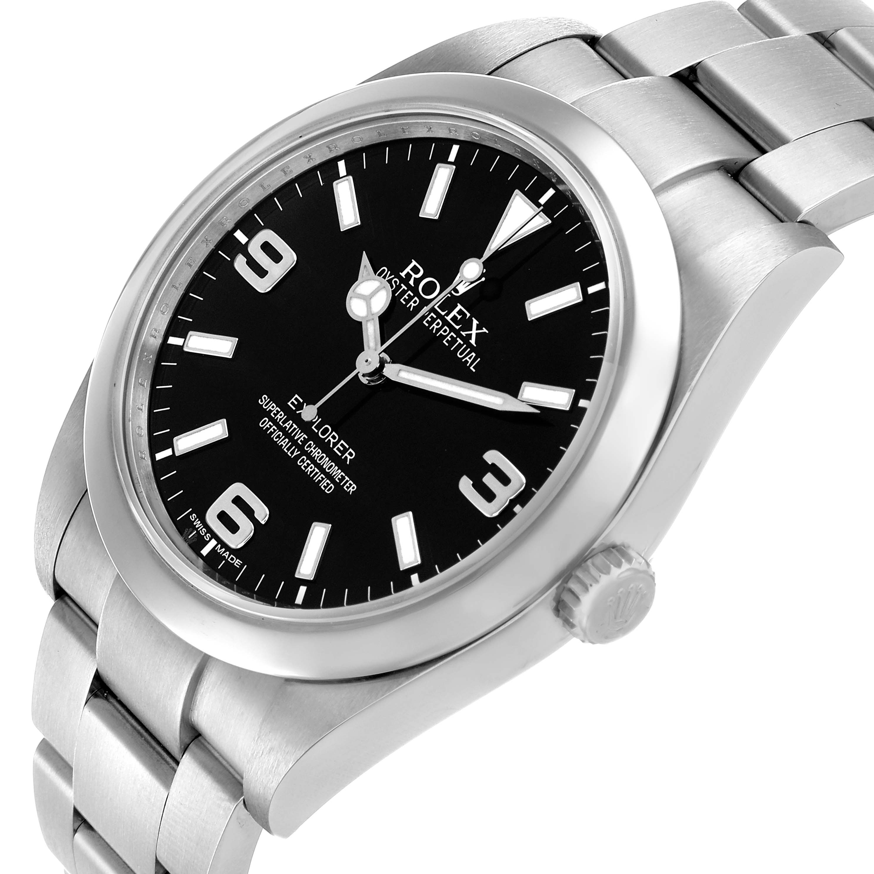 The Rolex Explorer 214270 Men's Stainless Steel Black Dial watch is shown from a three-quarter angle, displaying the face, bezel, crown, and part of the bracelet.