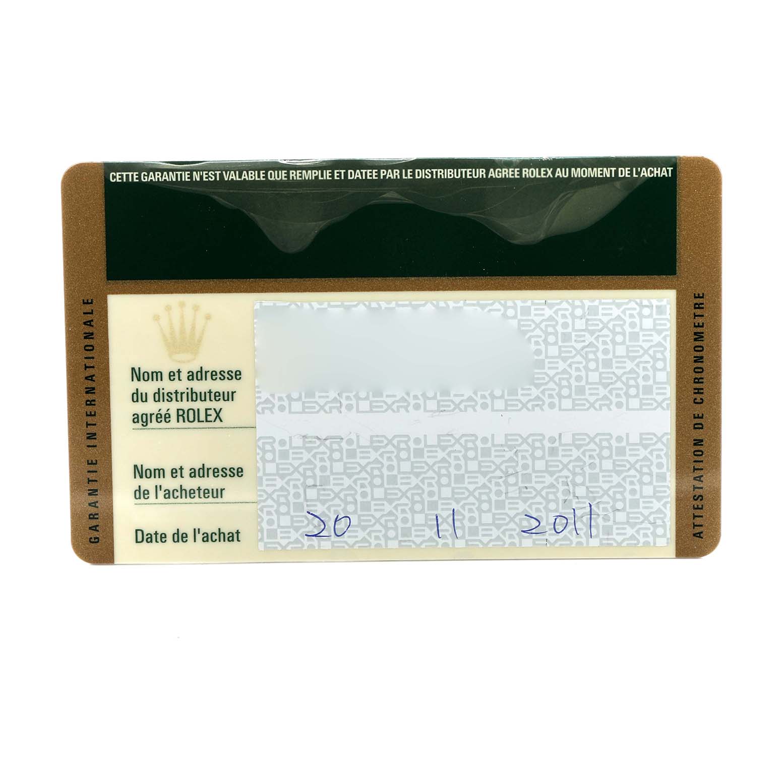 The image shows a Rolex international guarantee card for the Explorer model, highlighting purchase and distributor details.