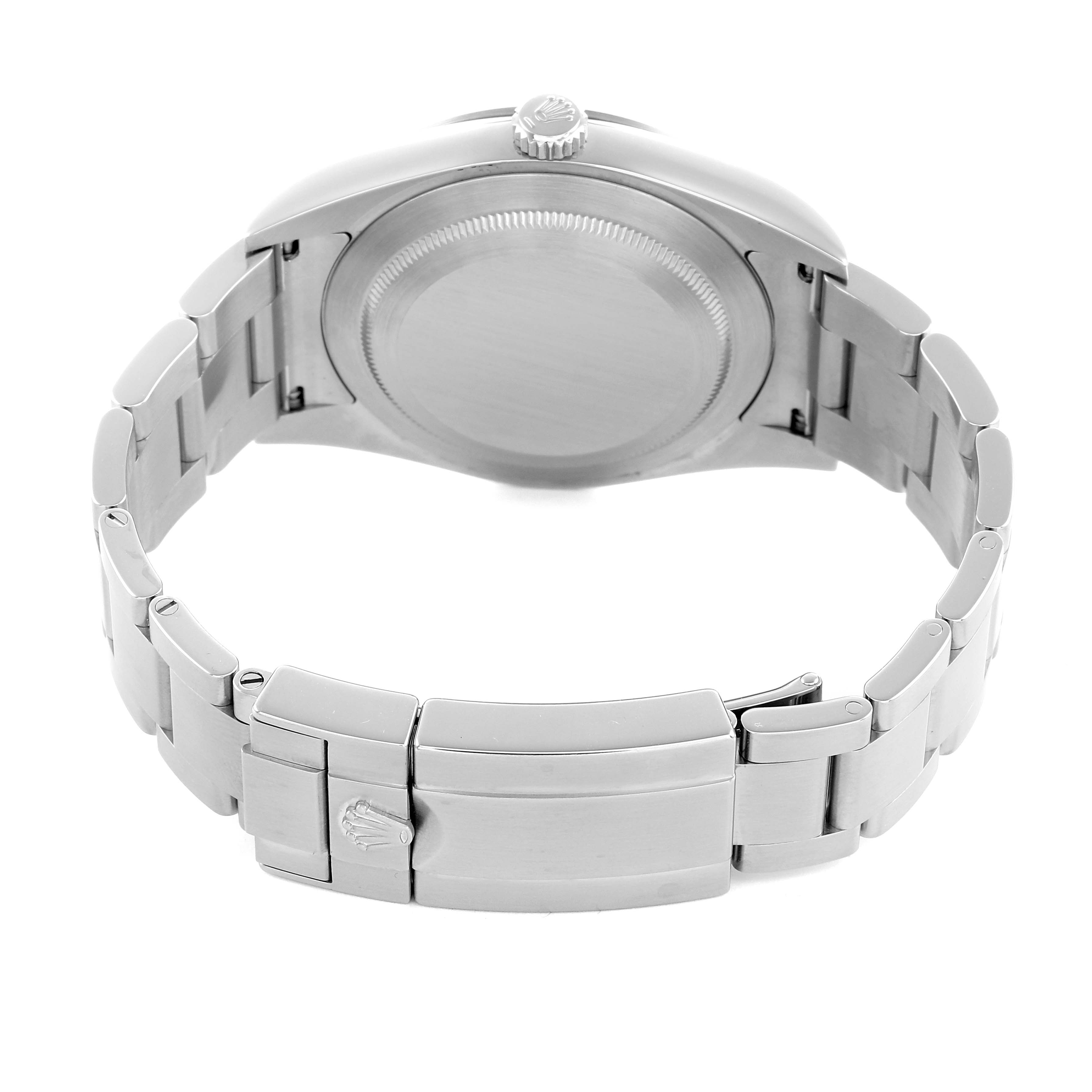 The image shows the back of a Rolex Explorer 214270 Men's Stainless Steel Black Dial watch with its case, bracelet links, and clasp visible.