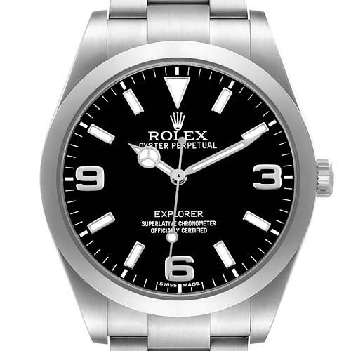 The Rolex Explorer 214270 Men's Stainless Steel Black Dial watch is shown from the front, displaying its face, bezel, crown, and part of the metal bracelet.